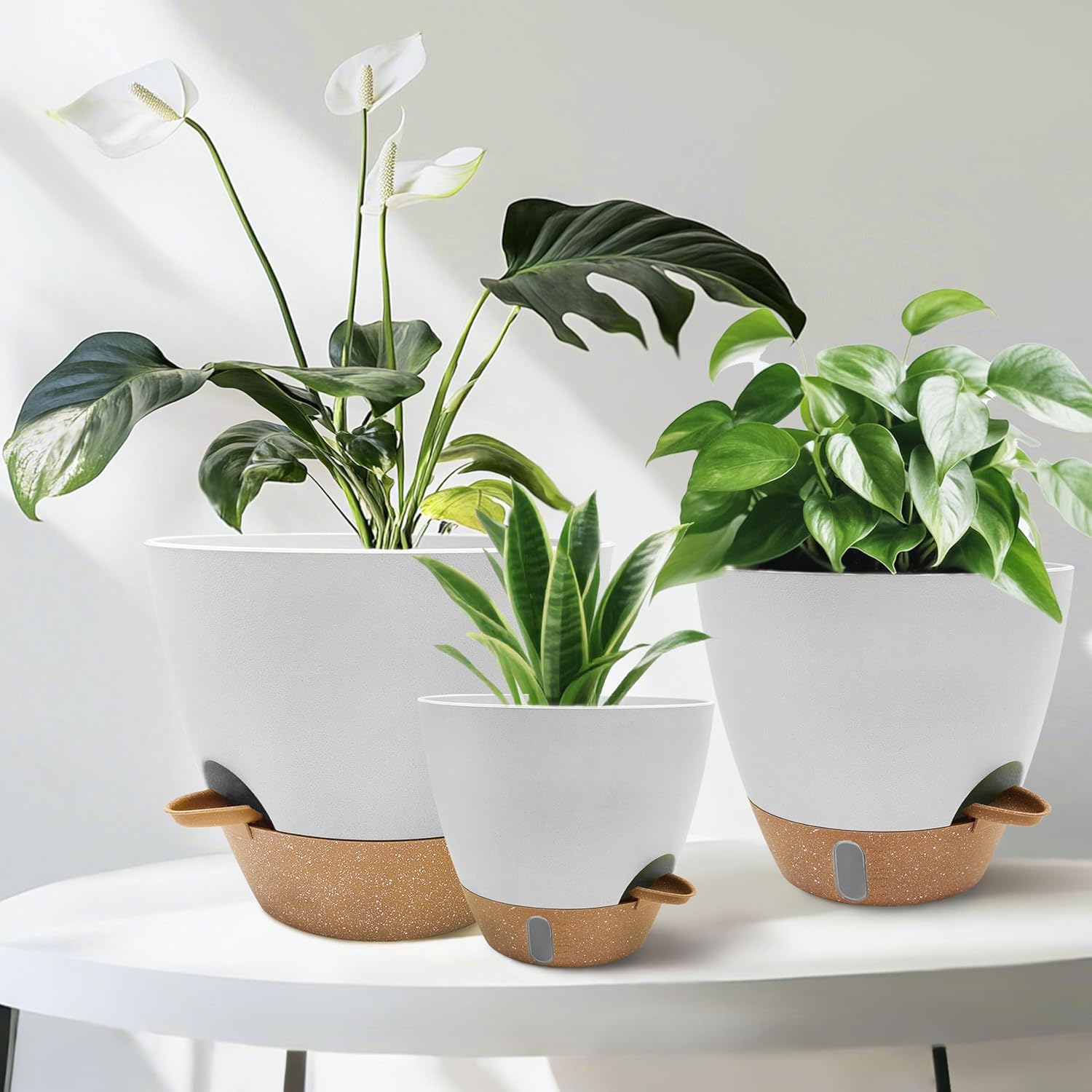 12/10/9/8 inch Self Watering Pots with Visual Water Window, Extra Large Self Watering Plant Pot with Drainage Holes and Saucers, White Flower Pots for Indoor Plants