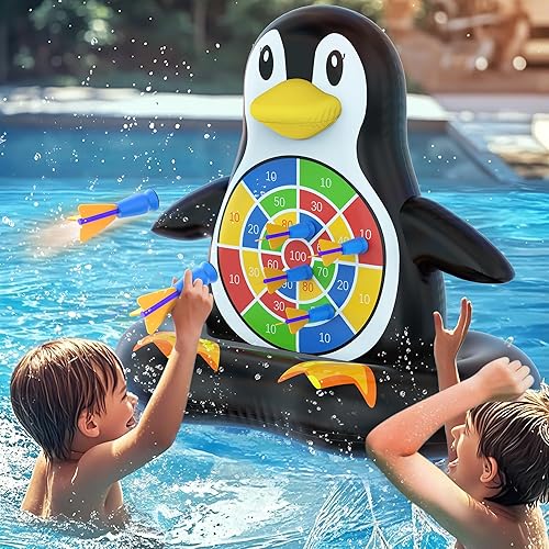 MOONTOY Juguetes de piscina para niños, juego de mesa inflable de pingüino, juegos de piscina para playa y patio trasero, juguetes acuáticos de