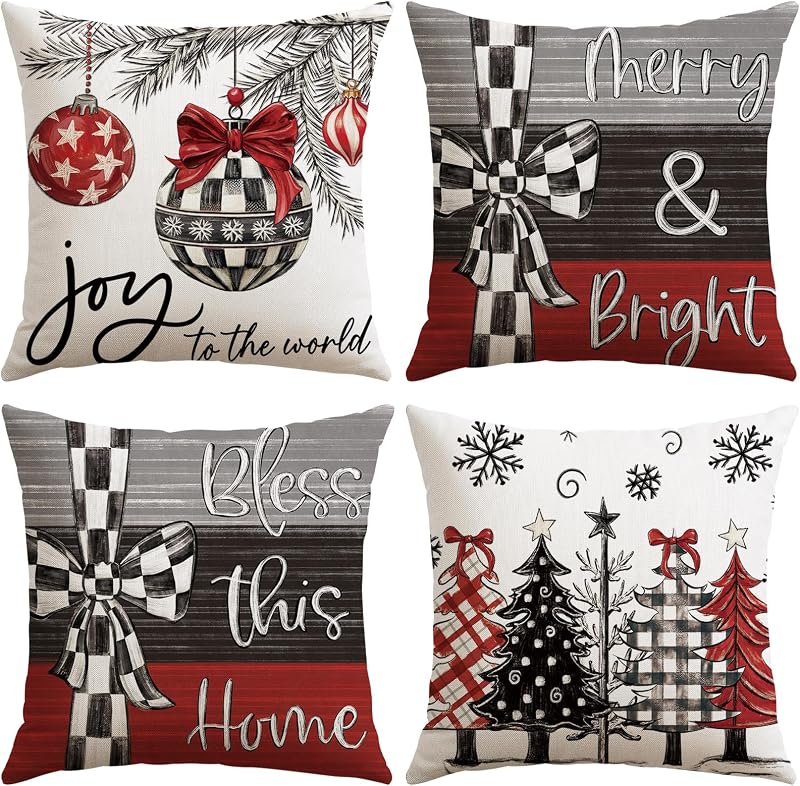 Soleebee Christmas Throw Pillow Covers Set of 4, Xmas Trees Snowflake Red Throw Pillow Cover, Merry Bright Holiday Cushion Case for Couch Sofa Bed Chair Home Decor Pillows Cover 18x18 Inch