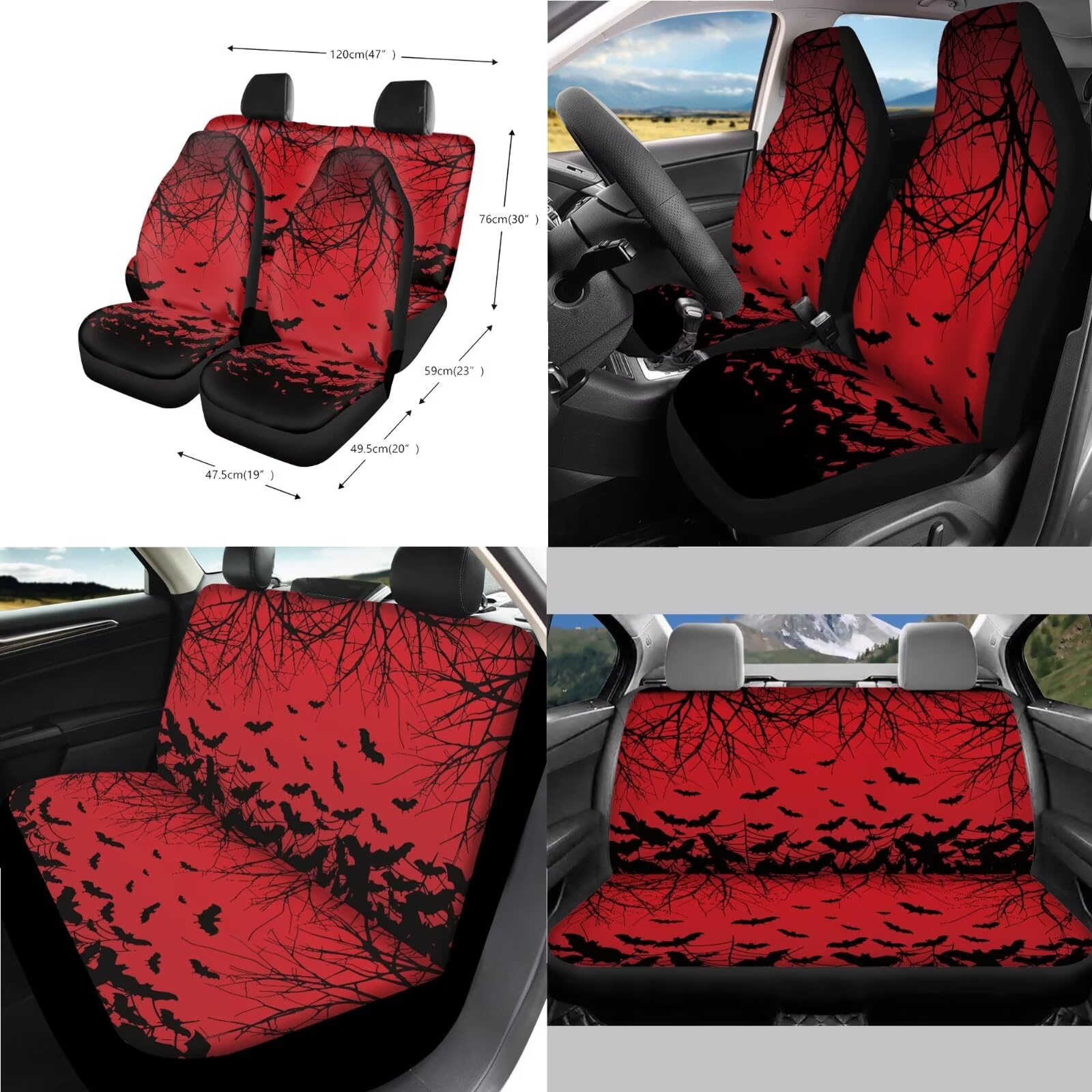 Set completo di coprisedili per auto con stampa di pipistrelli, coprisedili con schienale alto, coprivolante, console centrale, braccioli imbottiti, cuscinetti per cinture di sicurezza