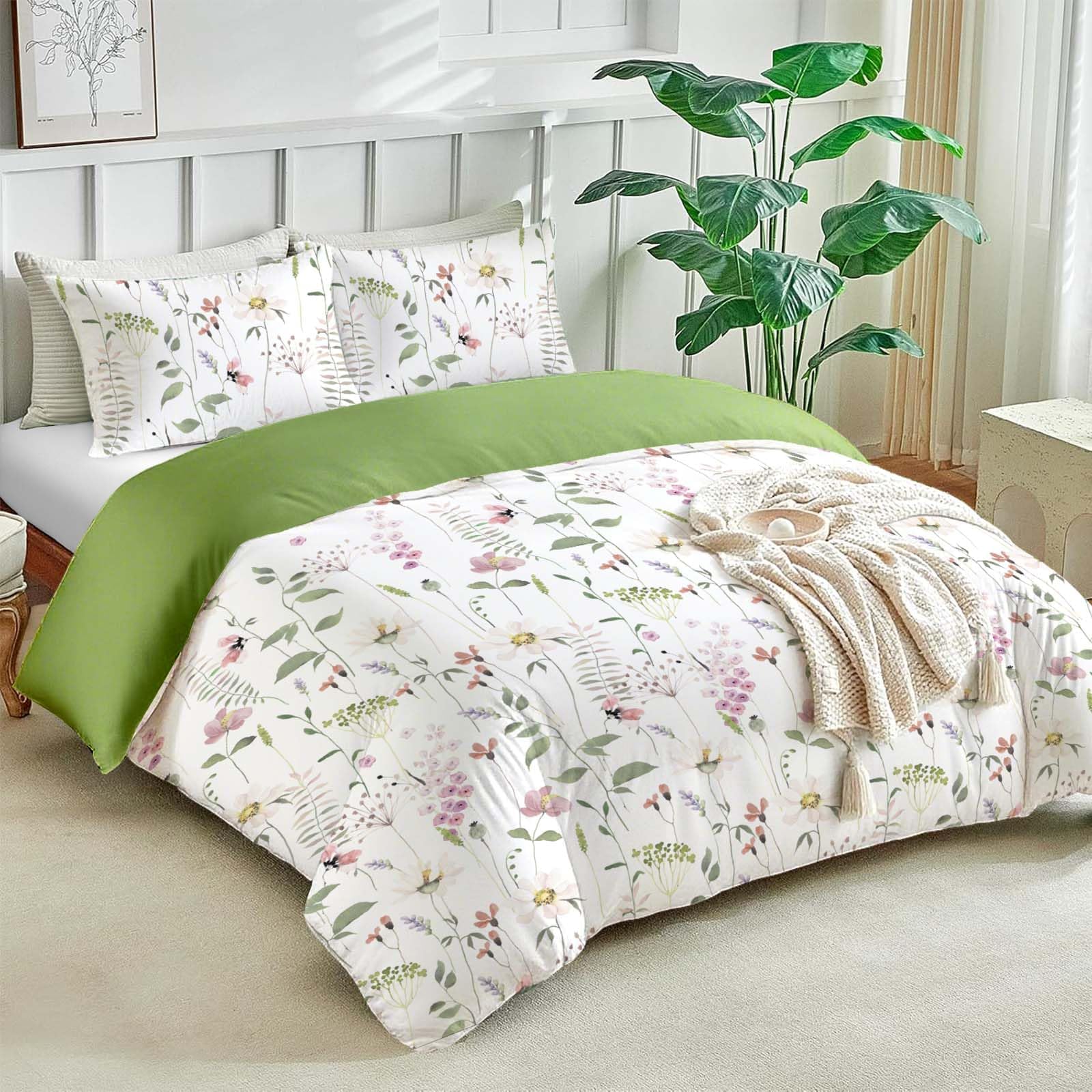 – Green Floral Bedding Double Bed Duvet Cover And Pillowcase Set Luxury Aesthetic Microfibre Bedding Flower Decor For Adult 200x200cm Quilt Cover (FL01, Double)