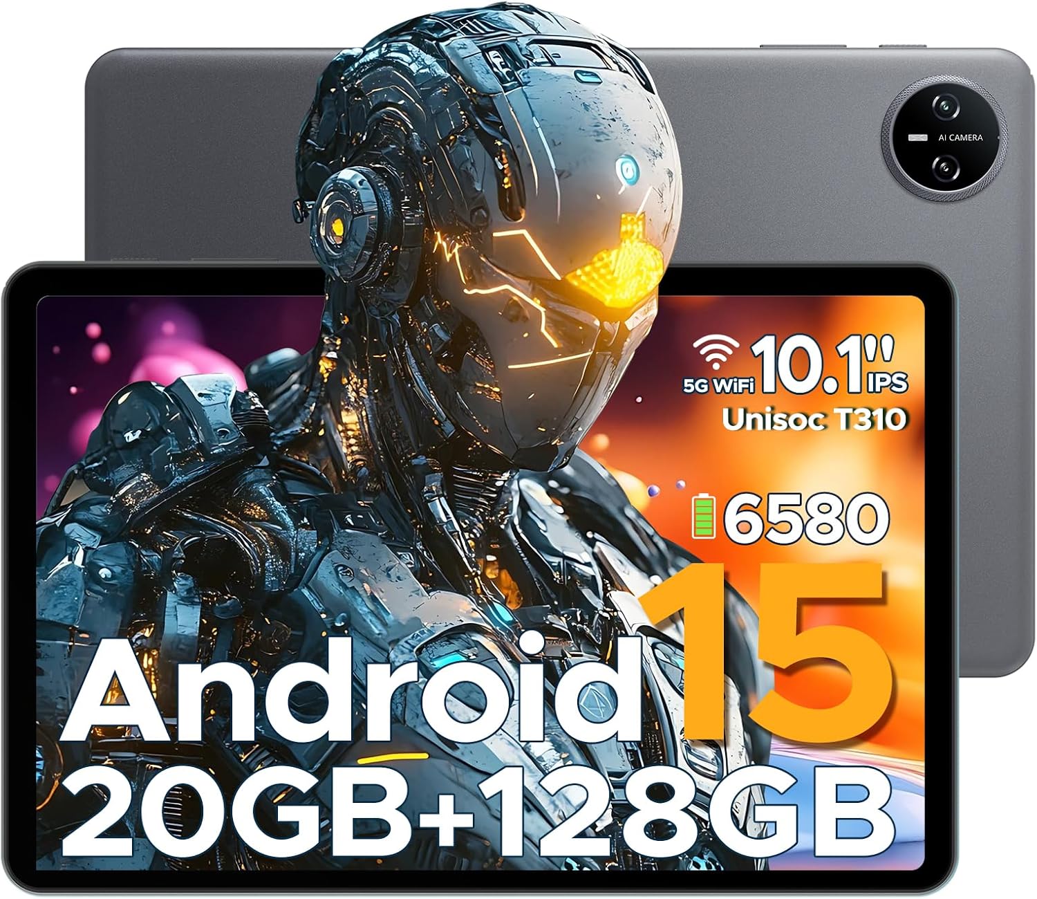 DOOGEE Tab A9 PRO Tablet front and back view, visasing dets elegante design og kameramodul.