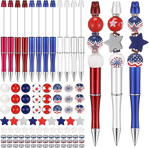 Geyee Juego de 12 bolígrafos con cuentas para el Día de los Veteranos, con la bandera estadounidense, juego de cuentas de madera del 4 de julio,