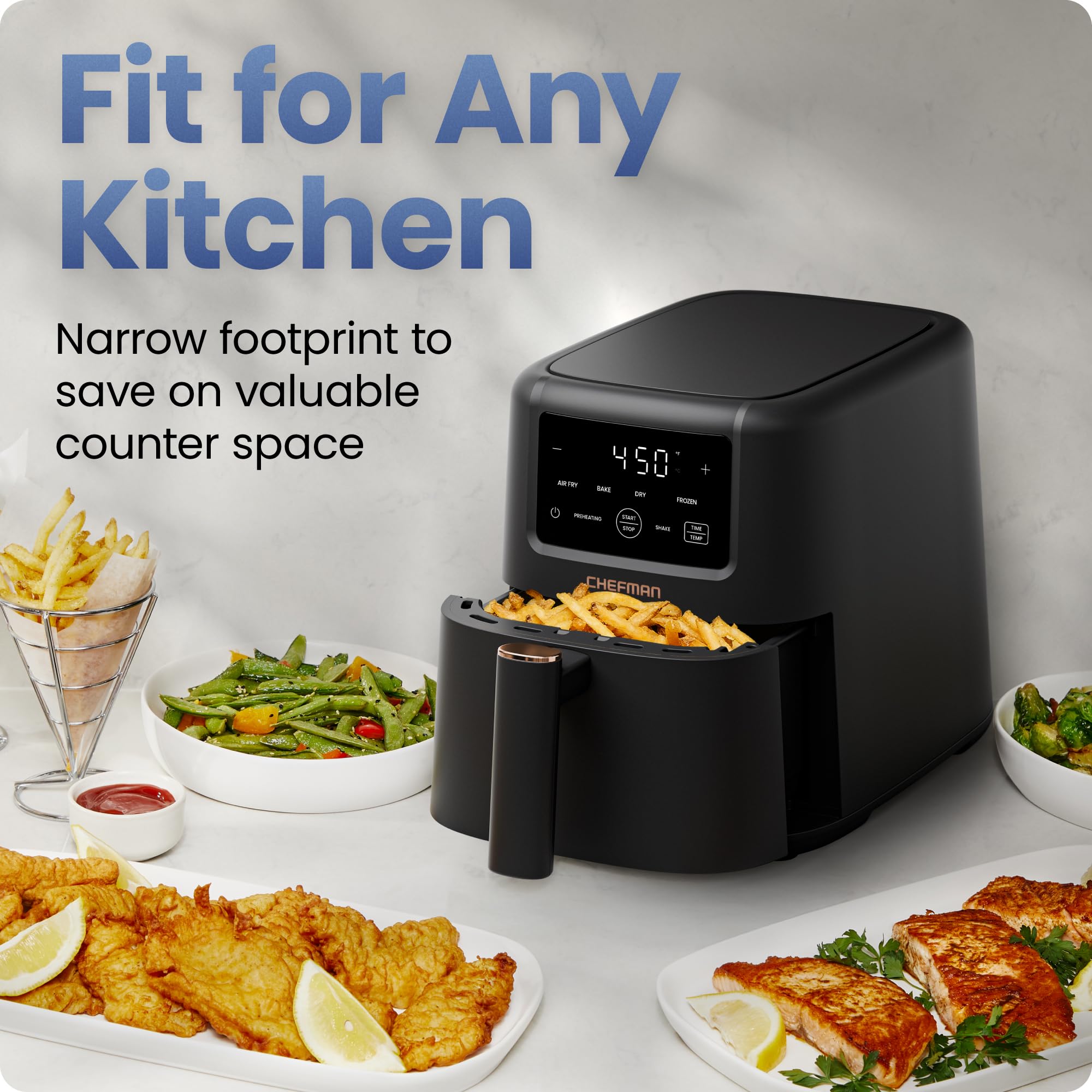 Chefman Air Fryer – 4-in-1 Slim 3.5 QT Airfryer, Air Fry, Bake, Dehydrate, Frozen, 450°F Max Temp for Extra Crispy Results in Minutes, Nonstick Ceramic Coating, Dishwasher-Safe Accessories - Black — view 5