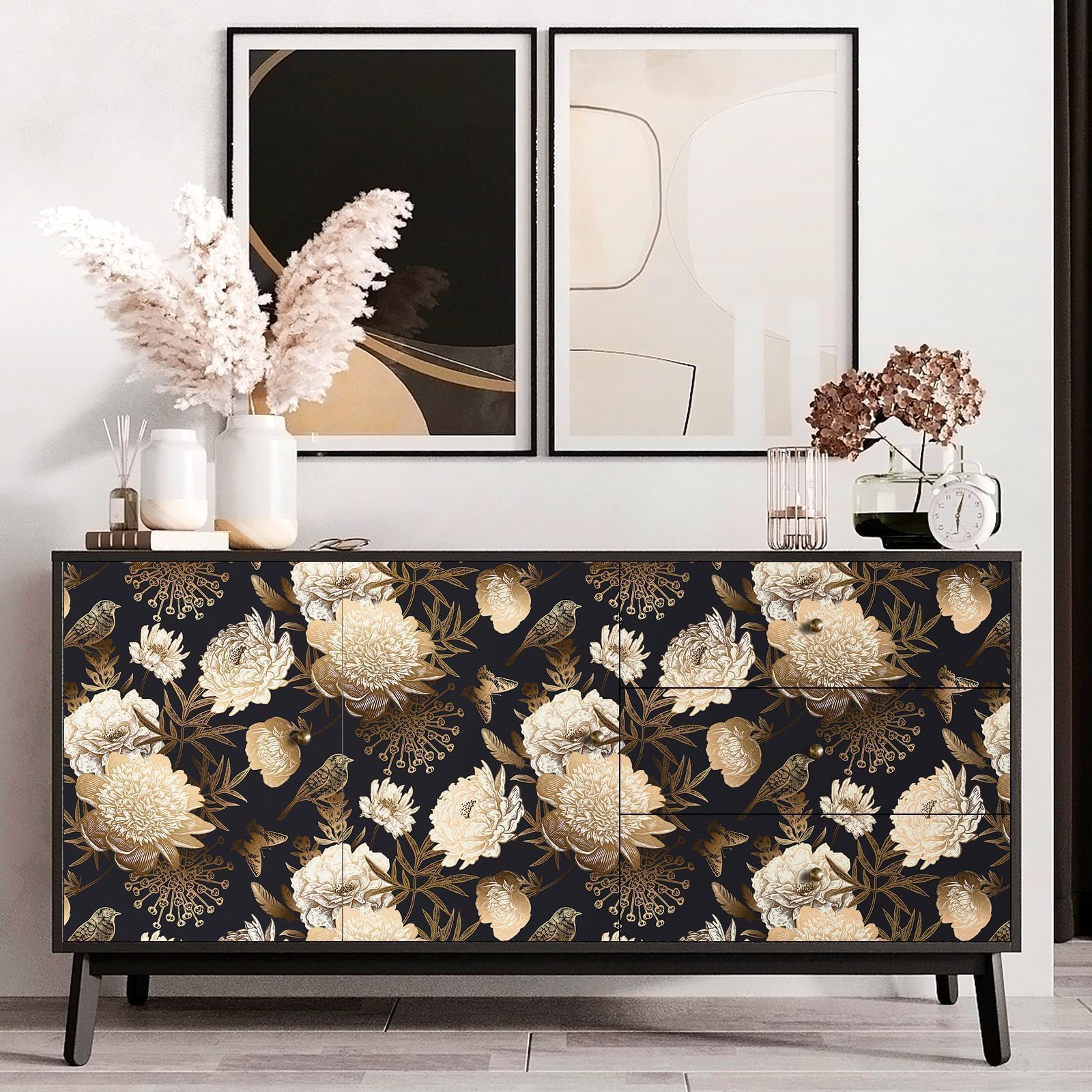 Decotalk Tapete Schwarz Gold Blumen Selbstklebende Tapete Blumen Schlafzimmer 44.5X900cm Klebefolie Schwarz Gold Wandtapete Selbstklebend Möbelfolie Dekorfolie Klebefolie PVC Vinyl Wandaufkleber