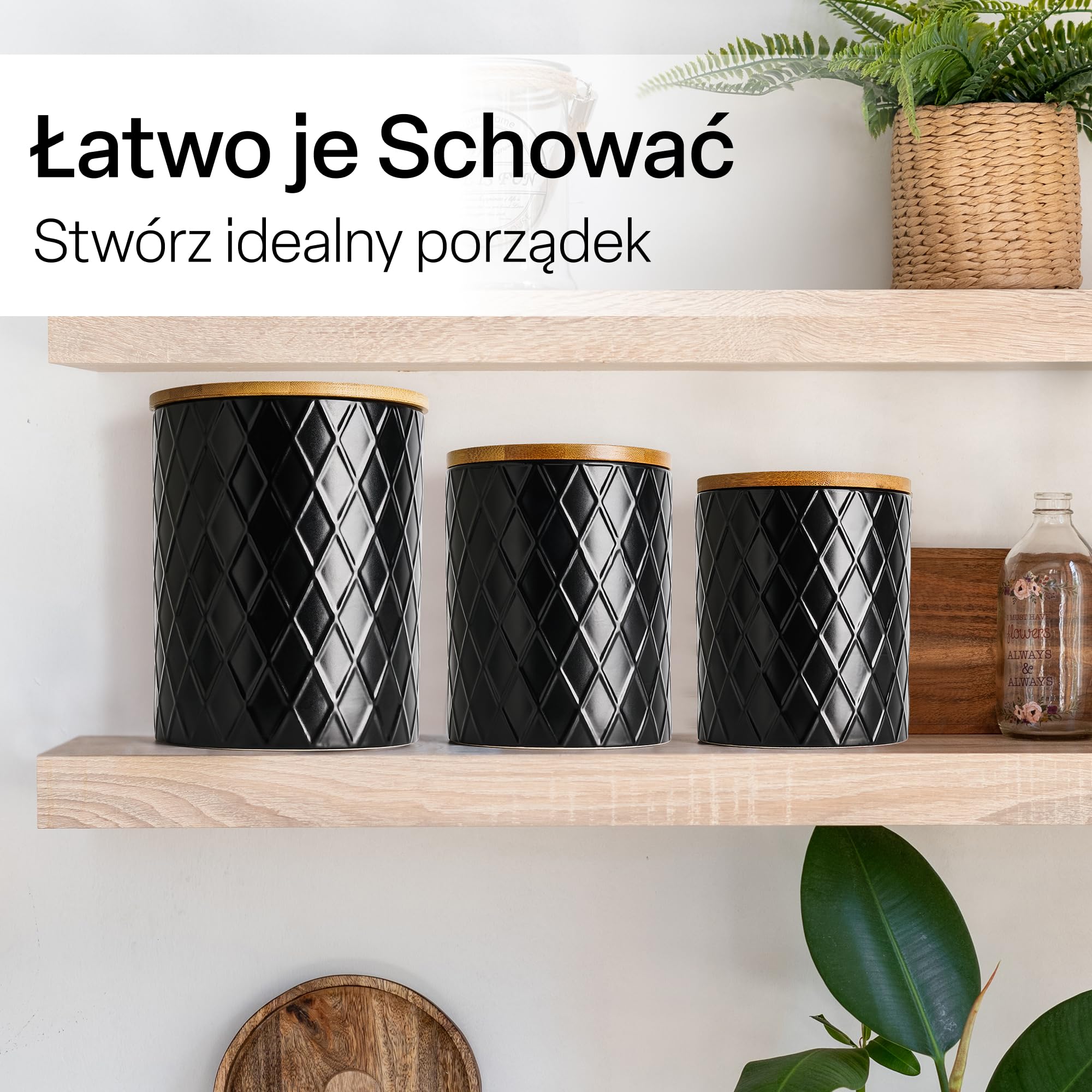 MIAMIO - Zestaw 6 ceramicznych pojemników kuchennych - Palmanova (Czarny)