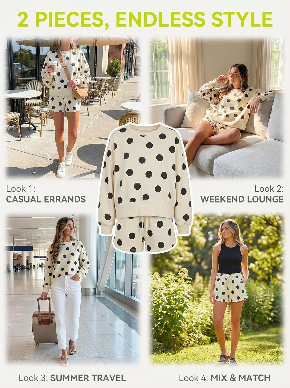 KevaMolly Womens Two Piece Lounge Sets Polka Dot Print Drop Shoulder Oversized Pullover Drawstring Shorts Set - Image 2