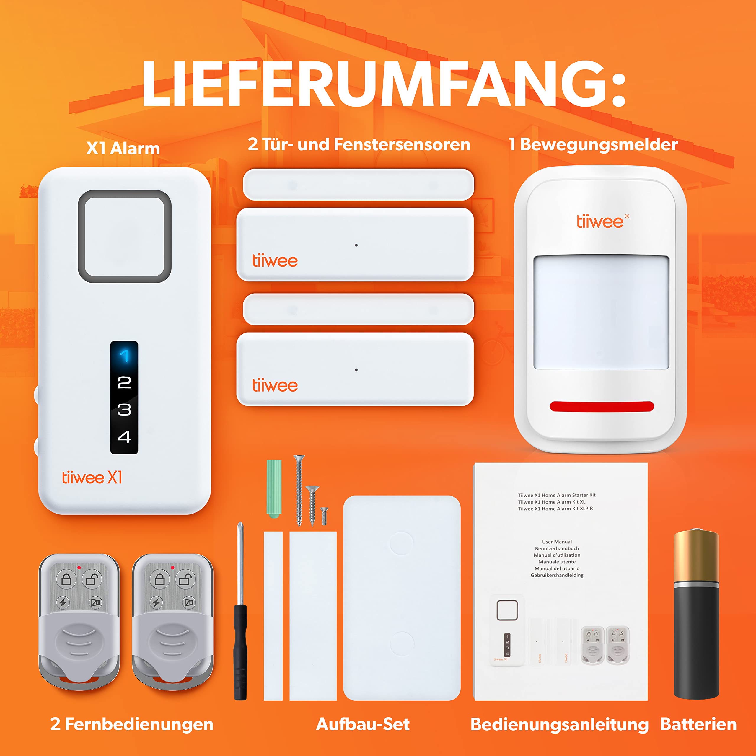 tiiwee Home Alarm System Kit X1 XLPIR - Alarmanlage mit 2 Fenster- oder Tuer Sensoren, 1 Bewegungsmelder und 2 Fernbedienungen - Erweiterbar
