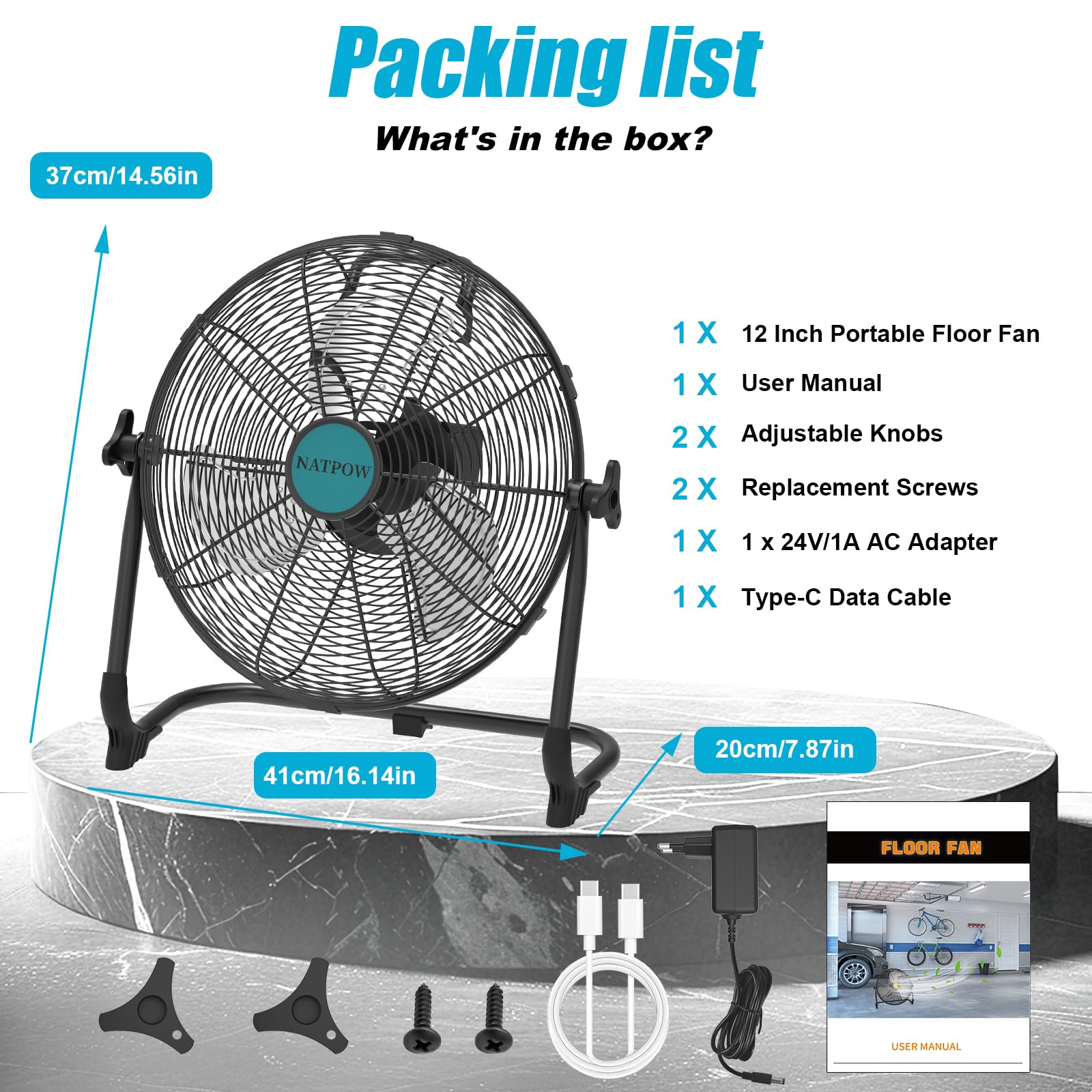 NATPOW Ventilateur Compatible avec Makita 18V, 15W Brasseur d'air avec Type C et USB, 30 cm Ventilateur de Sol, Adaptateur 1,5 m Inclus, Silencieux pour Camping, Plage, Pêche, Chantier, sans Batterie