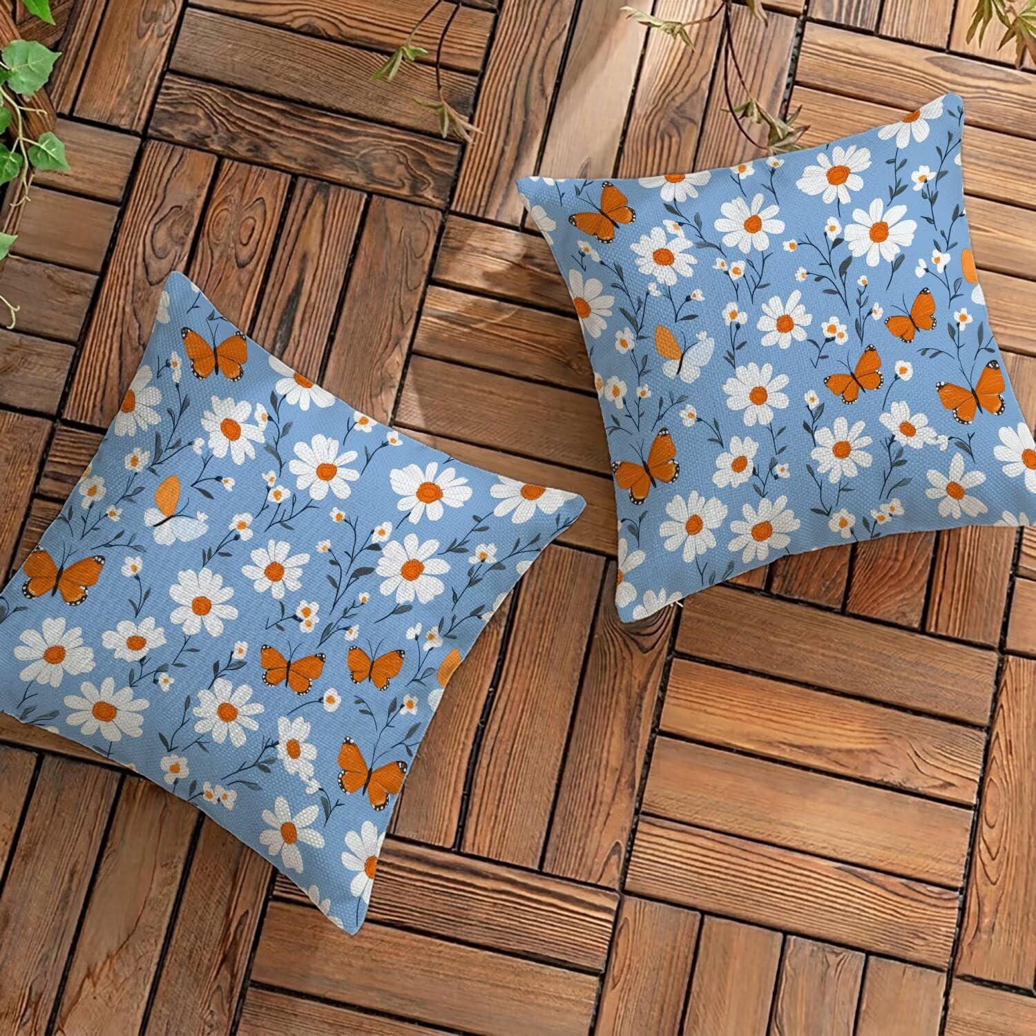 Housse de coussin 70x70 cm imperméable en lin bleu motif marguerite pour canapé de jardin x2