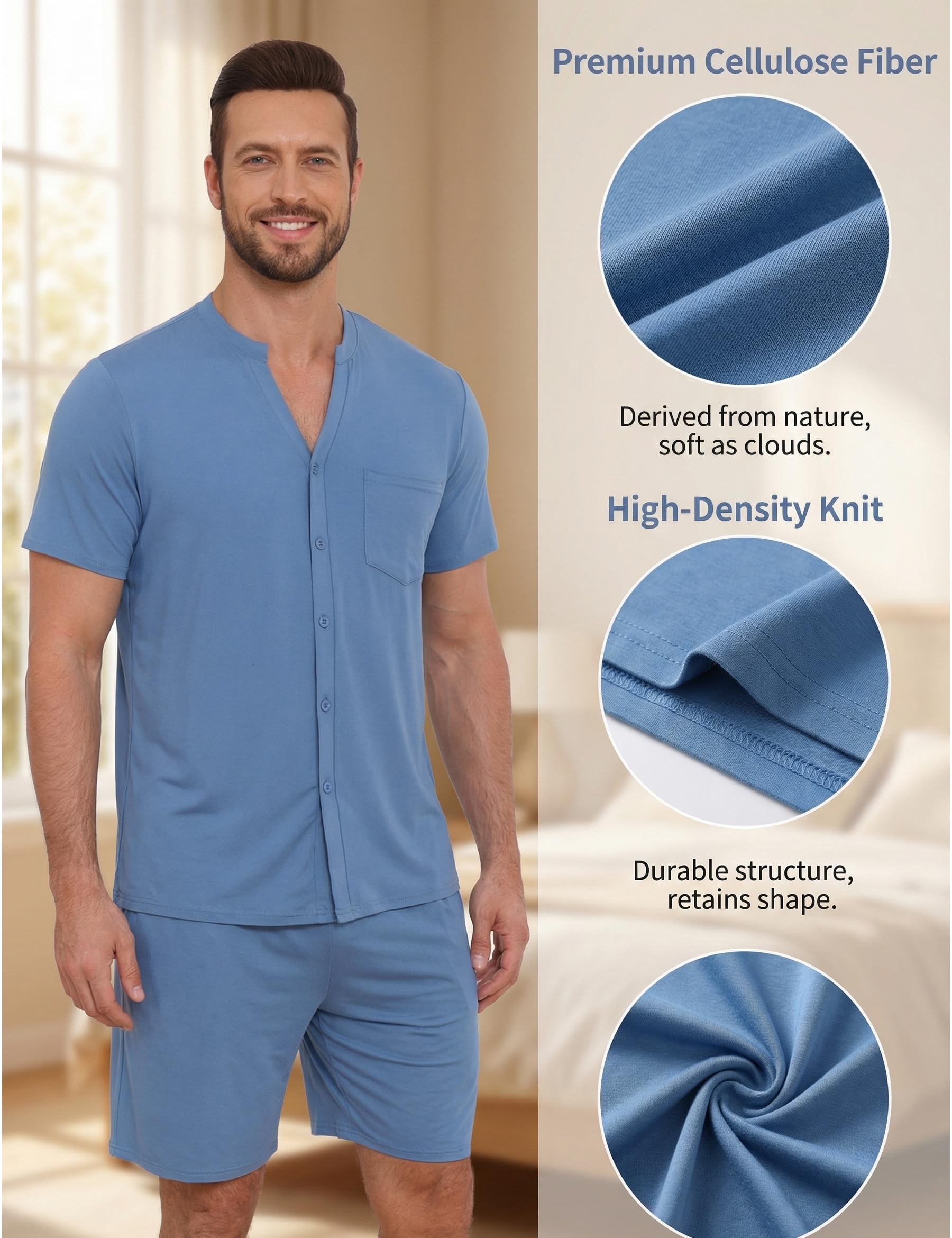 Demegimi Pigiama Uomo Estivo 2 Pezzi Maglia Manica Corta con Bottoni Pantaloncini Pigiama Notte Loungewear