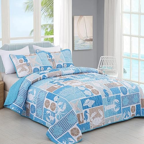 Miniatura 2 de DJY Juego de edredón costero tamaño King con patrón azul costero, colcha suave de retazos costeros con 2 fundas de almohada, juego de edredón