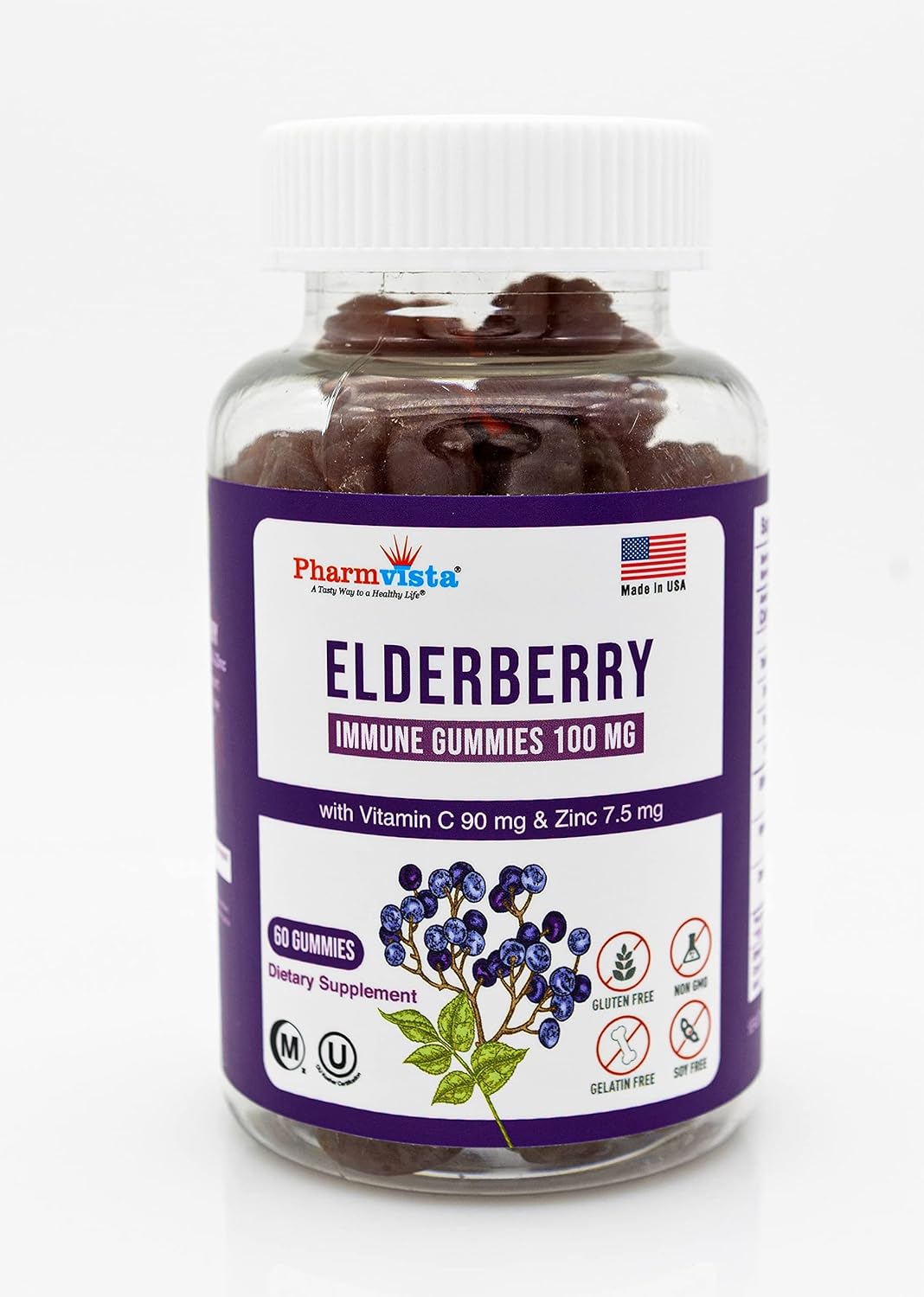 Elderberry Gummies 100mg with Vitamin C and Zinc – Immune Support, Gluten Free Gummies with 7% Anthoycyanin – 60 Count