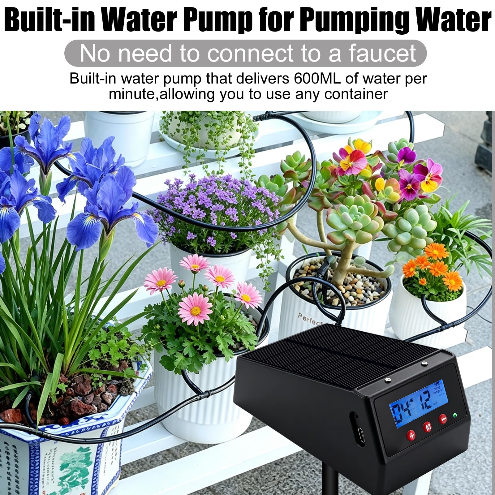 OBEST Kit de Sistema de Riego Solar con 10 Goteros y 10m de Manguera | Modos de Riego Automático, Riego Autónomo para Balcones, Jardines y Plantas en Maceta, Ideal para Vacaciones y Viajes Cortos