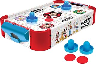 Disney Mickey Mouse, Minnie, Donald, Daisy & Goofy Air Hockey Table for Kids - Wooden Tabletop Game with Puck, Pushers & Air Flow System - Disney Licensed - 4+