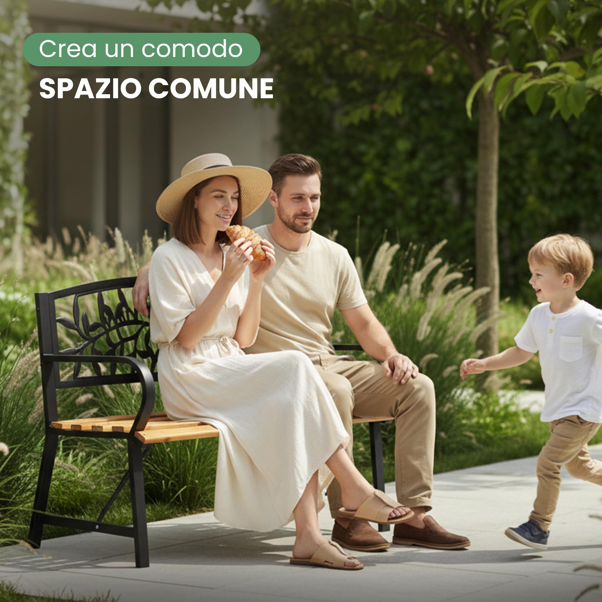 AKORD Panchina da Giardino REO con Gambe in Ghisa e Legno Verniciato | Panca da Esterno | Panchine Esterna con Bracciolo | Panche Moderno Resistente alle Intemperie | Larghezza 118 cm | Nero