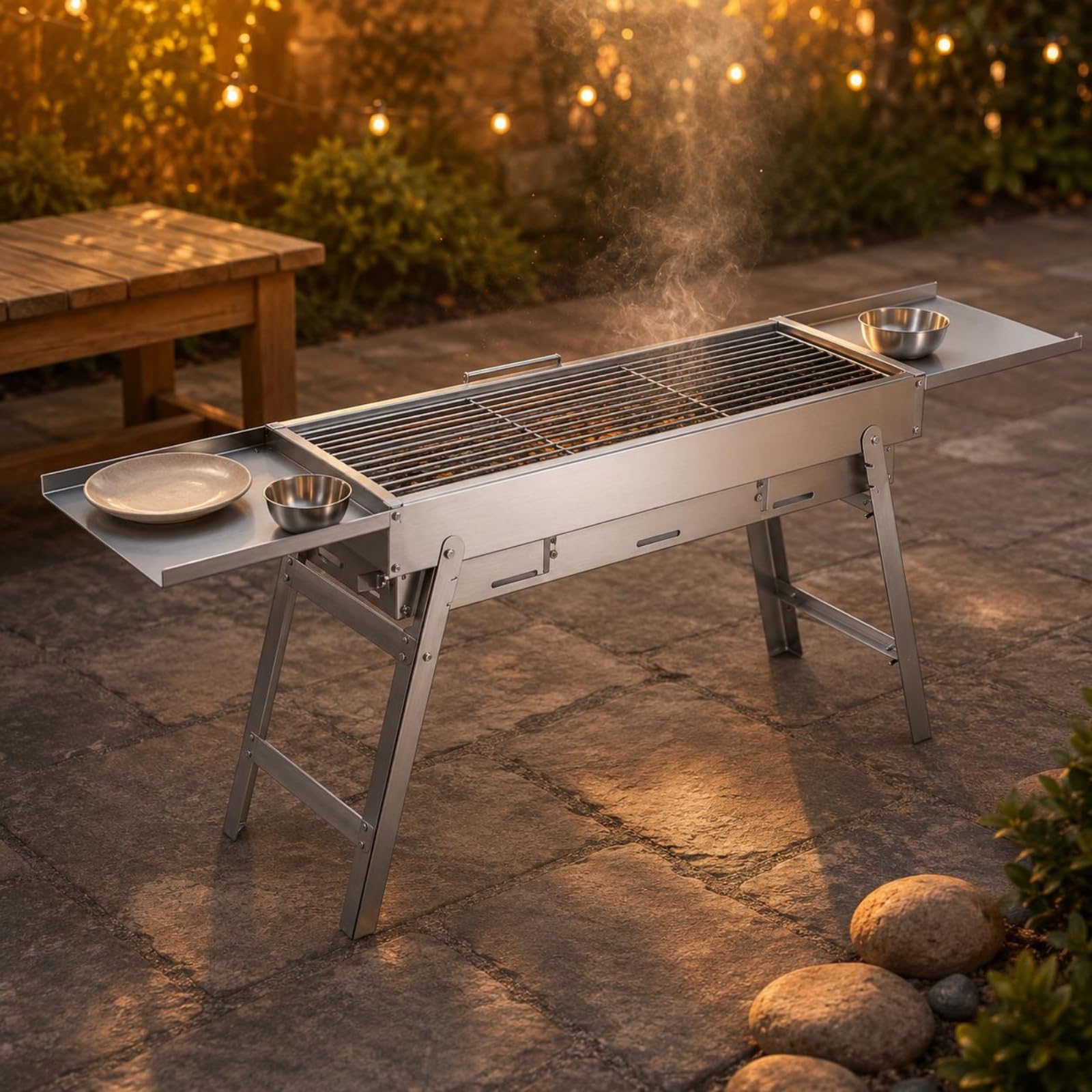 Colcolo Barbecue da Esterno Griglia a Portatile Pieghevole Telaio in Acciaio con Ripiani Laterali Superficie di Cottura Inox 304 Facile da Riporre E, 60cm
