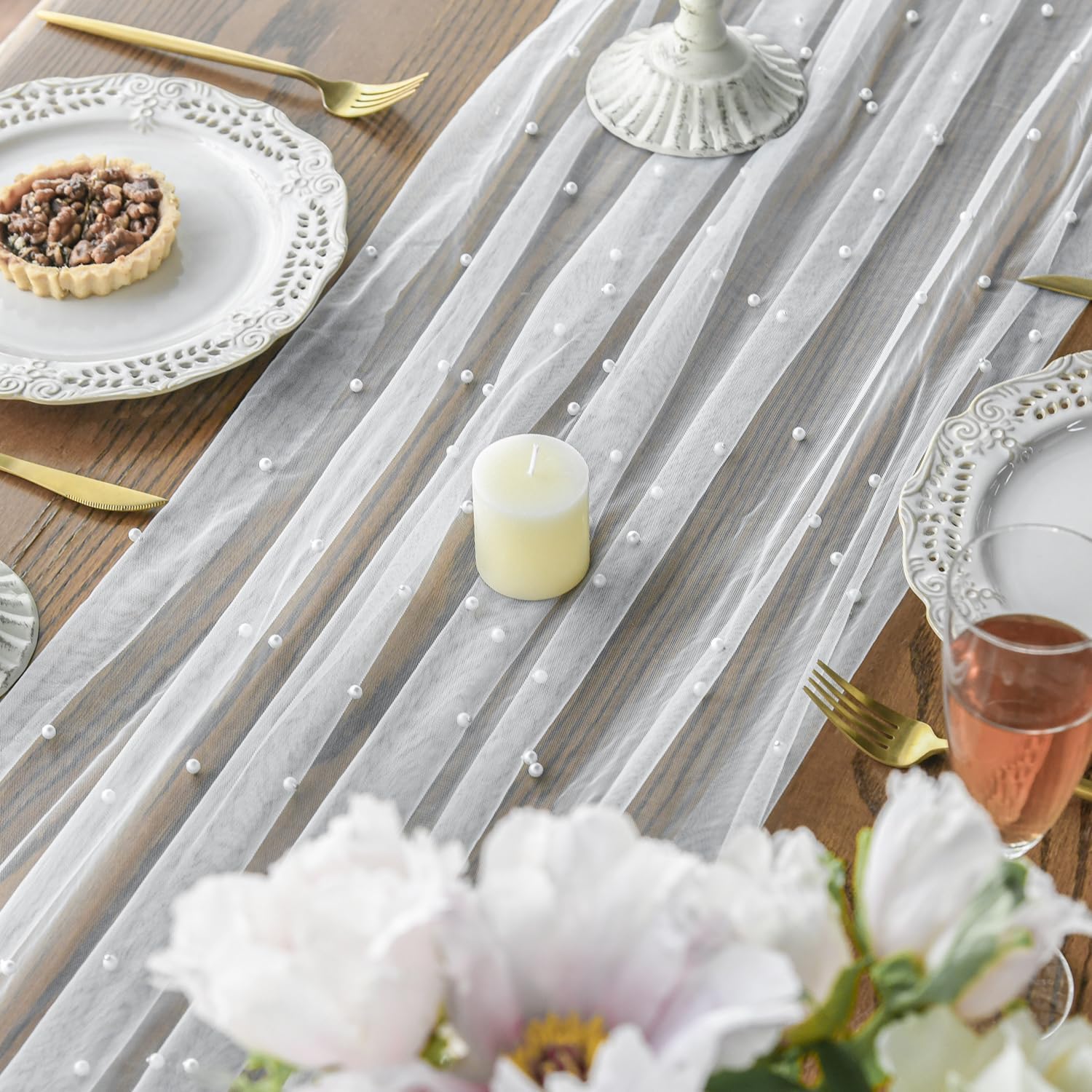 Artoid Mode 6PCS Pearl Gauze Table Runner 120 Inch 10FT, Seasonal Sheer Dining Holiday Wedding Birthday Baby Shower Table Decor for Home Party