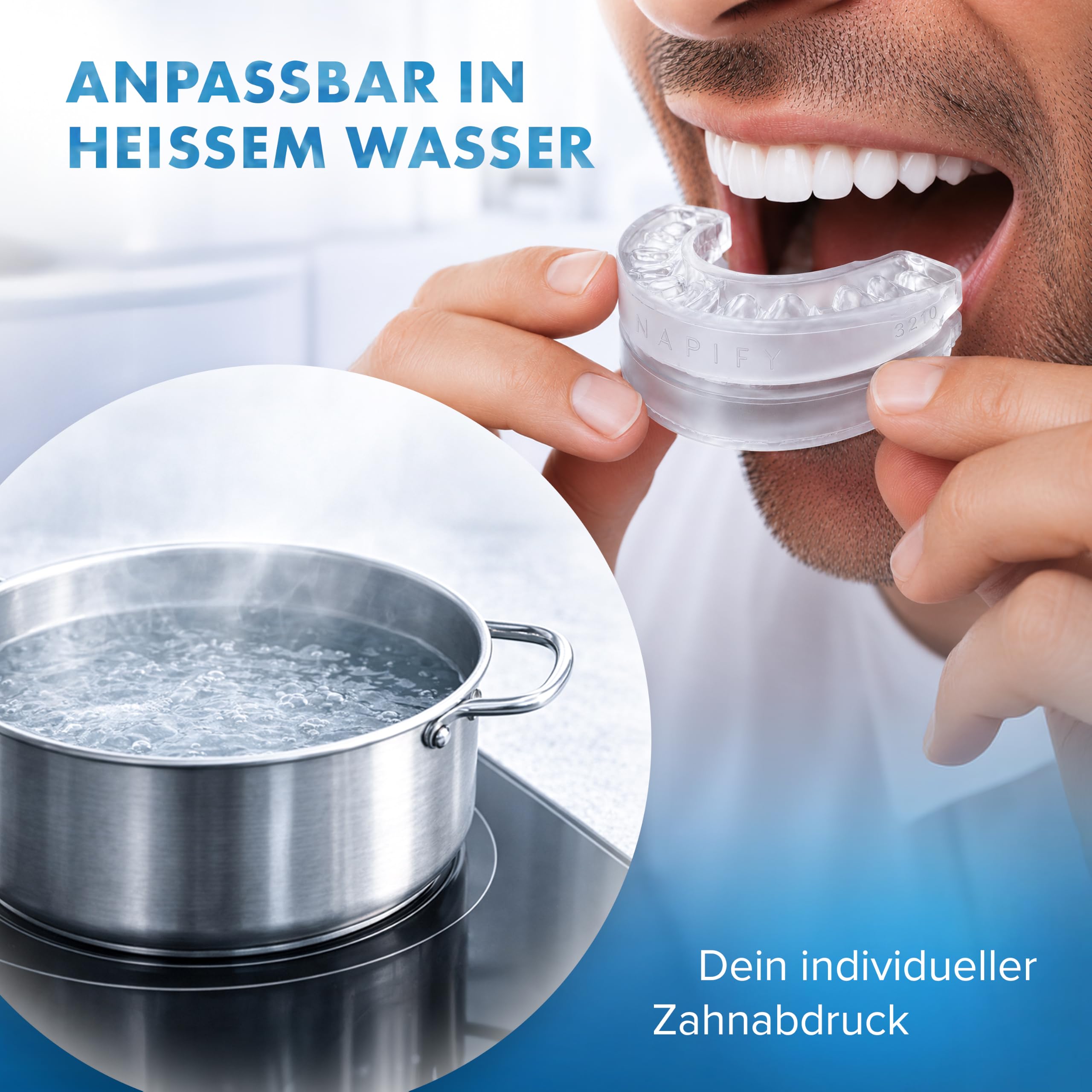 Schnarchschiene Made in Germany – verstellbare Anti Schnarch Zahnschiene gegen Schnarchen & Zähneknirschen, Aufbissschiene, Schnarchstopper, Anti-Snoring Mouth Guard, anpassbar, transparent