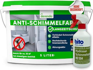 derendo Anti Schimmelfarbe 5L Schimmel entfernen + Schimmelentferner | Feuchtraumfarbe für Badezimmer, Küche & Schlafzimmer, Wandfarbe hohe Deckkraft & Langzeitschutz