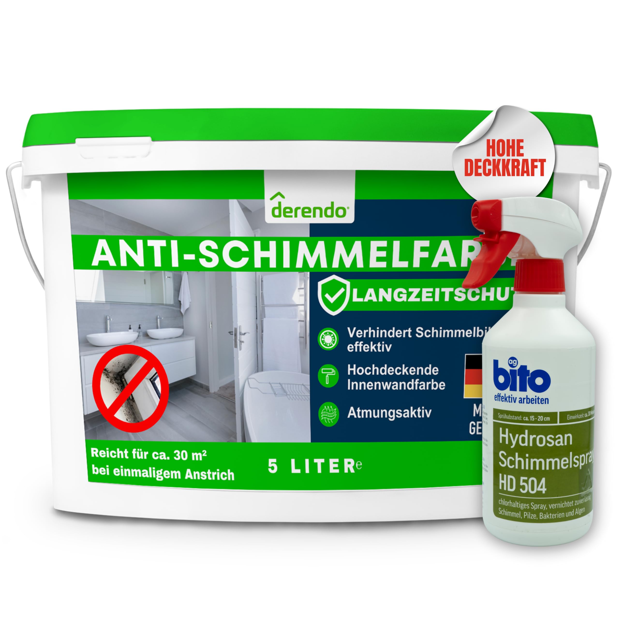 derendo Anti Schimmelfarbe 2.0 für feuchte Räume Badezimmer Schlafzimmer Wandfarbe innen weiß sehr hohe Deckkraft Schimmelbeseitigung Schimmelentferner Langzeitschutz (5 Liter + Schimmelentferner)