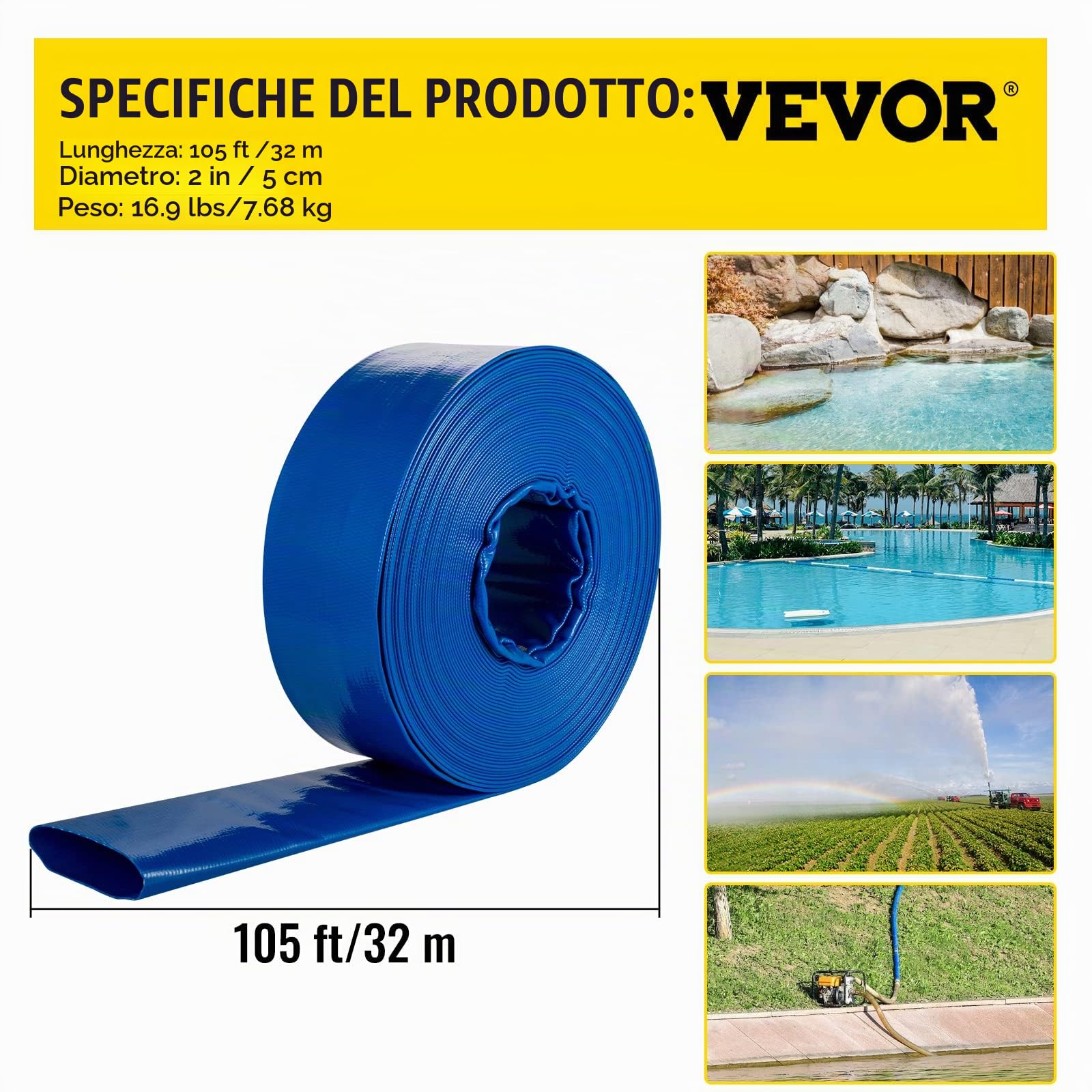 VEVOR Tubo di Scarico, 2" x 105', Tubo Piatto in Tessuto PVC, Tubo di Scarico per controlavaggio, Resistente alle intemperie e allo Scoppio, Ideale per Piscine e trasferimento dell'Acqua, Blu