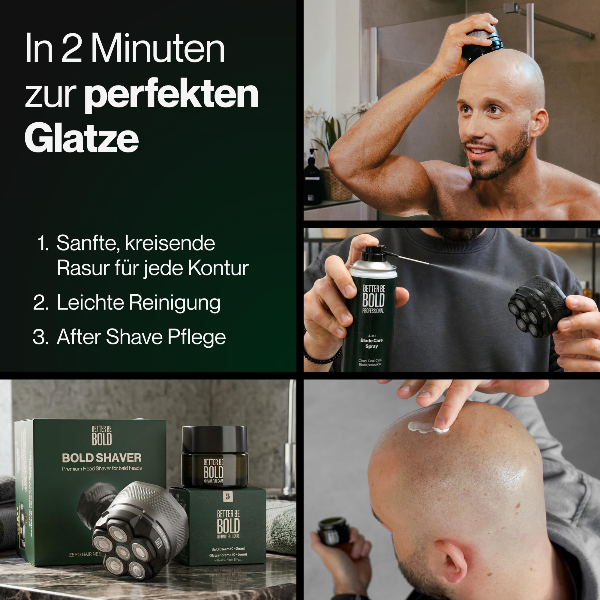 BETTER BE BOLD – Glatzenrasierer & Glatzencreme Anti-Shine 50ml SET – Mattierende Pflege für Glatze 0–3 mm – Beruhigt nach der Rasur – ohne Schnittgefahr und Hautirritationen – Shaver auch für Bart