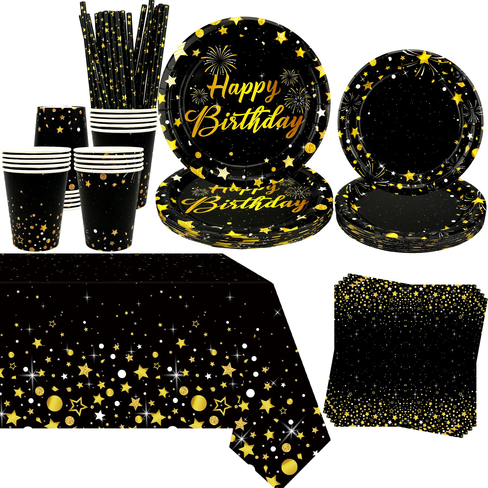 Obussgar Black Gold Party Decoration - Black and Gold Birthday Party Tableware Supplies Includes Plates, Cups, Napkins, Tablecloth, Straws - Serves 20