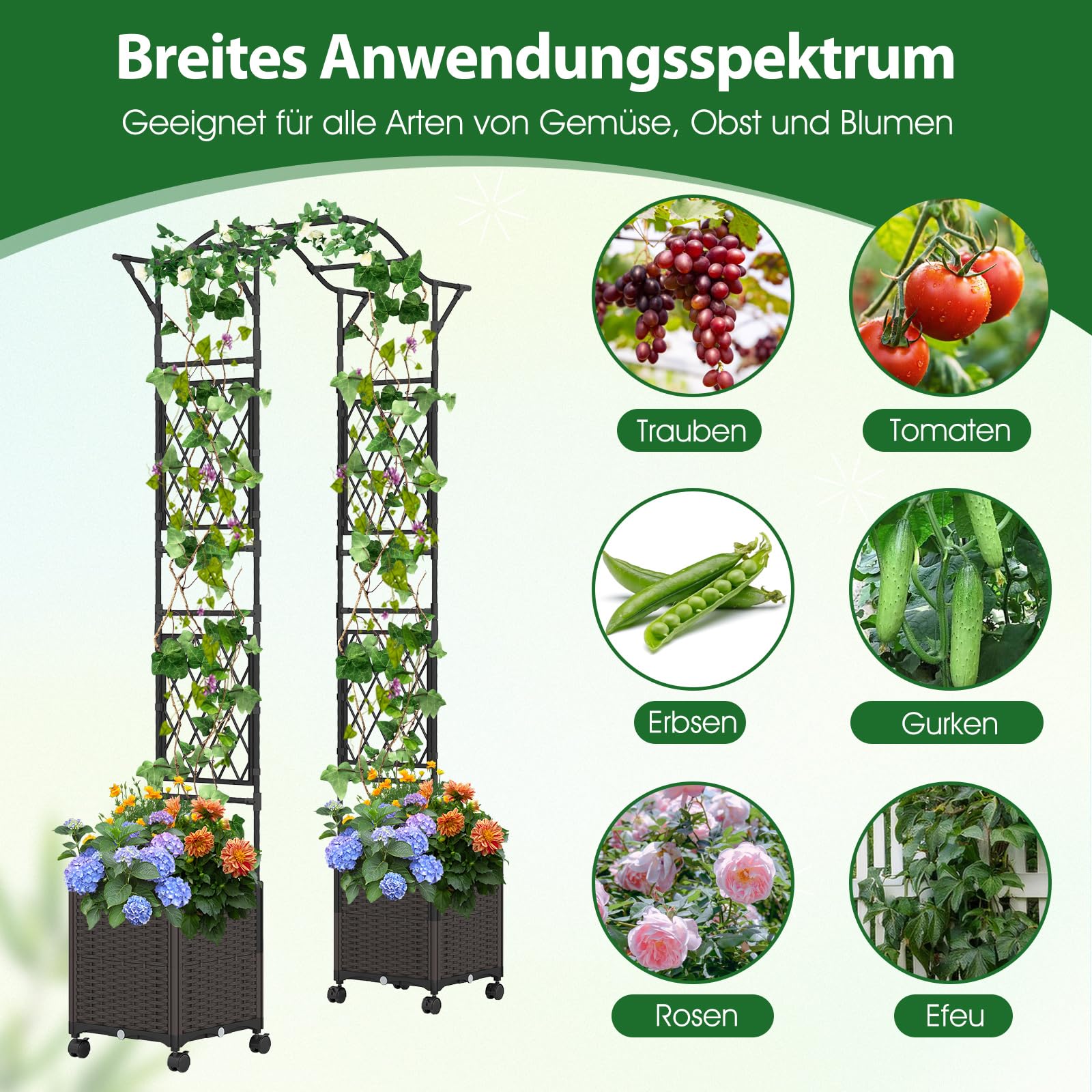 COSTWAY 2 in 1 Rosenbogen mit Blumenkasten, 250 cm, Gartenbogen aus Metall und PP, Spalier mit 2 Pflanzkästen auf Rollen & Drainagelöchern, Rankbogen Torbogen für Kletterpflanzen, Outdoor (Schwarz)