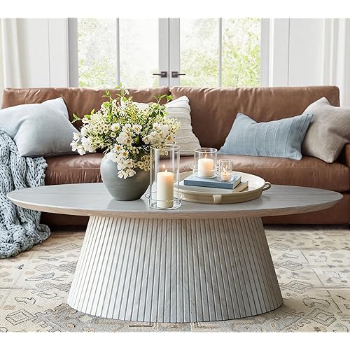 win2win Oval Coffee Table, Modern Faux Stone Coffee Table with Fluted Design, Travertine Center Table with Tapered Base, Minimalist Tea Table for Living Room, Bedroom, Office, Stone