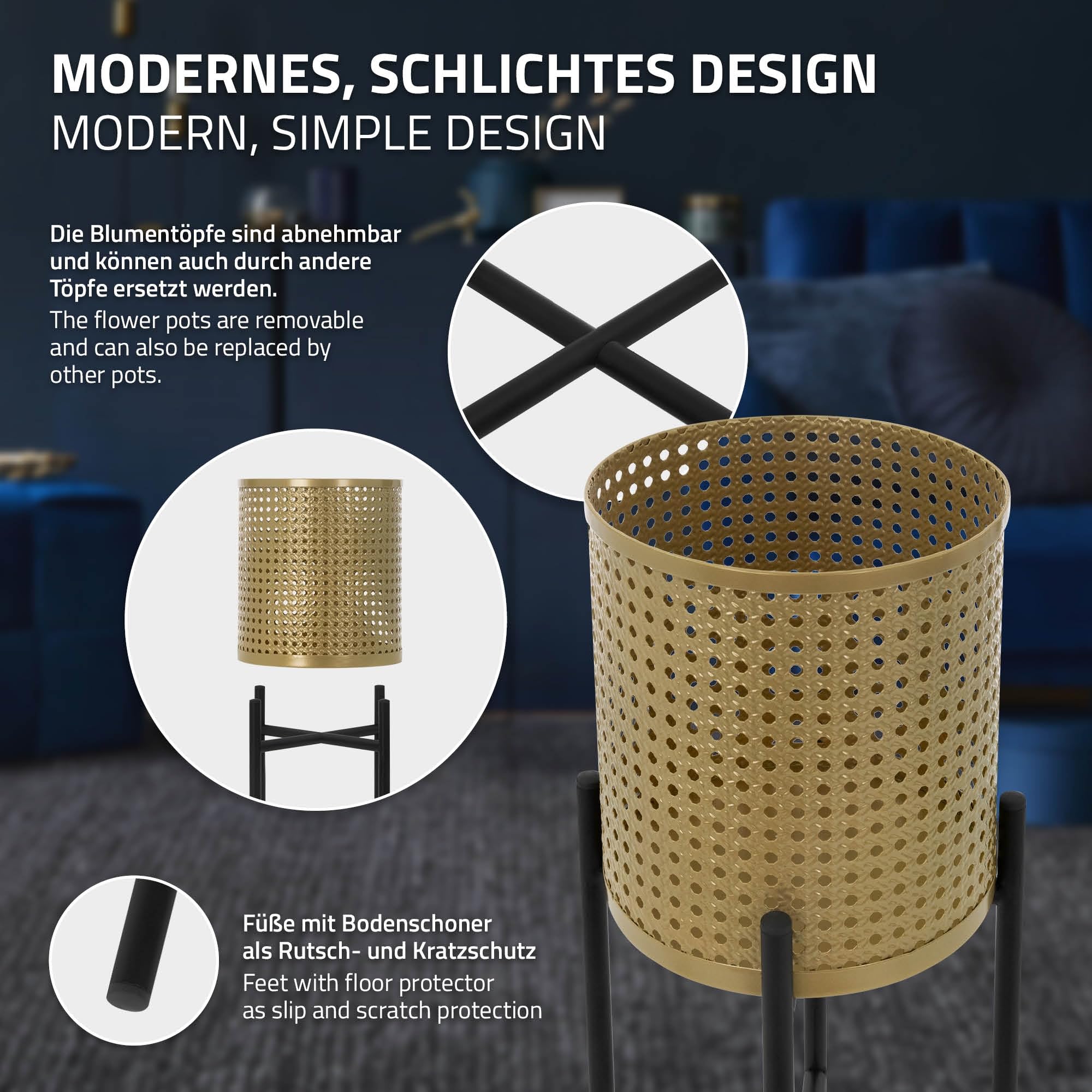 ML-Design bloemenstandaard set van 2 zwart-goud 16,5x16,5x80,5 cm/19x19x90 cm, staal, bloempotstandaard met plantenbak, metalen plantenstandaard, bloempothouder 2-delig, bloempot bloemenzuil