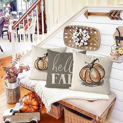 Miniatura 2 de GAGEC Juego de 4 fundas de almohada otoñales de 18 x 18 pulgadas, diseño de calabazas grises de cosecha otoñal, Hello Fall, decoración del hogar,