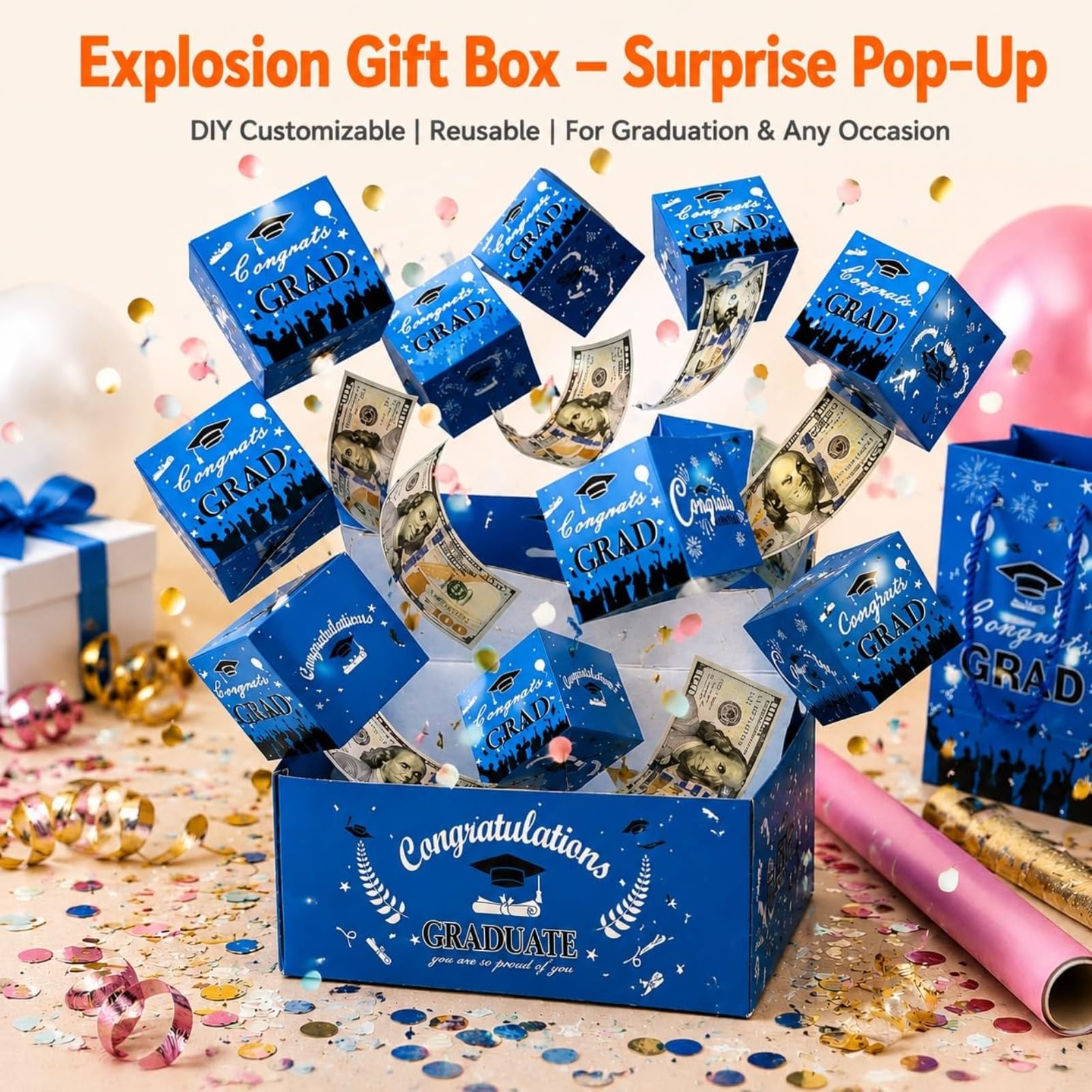 Money Explosion Graduation Gift Box Set Jumping Surprise Pop Up Pudełko upominkowe z okazji ukończenia szkoły Zdjęcia gotówki i małe prezenty (czerwony)