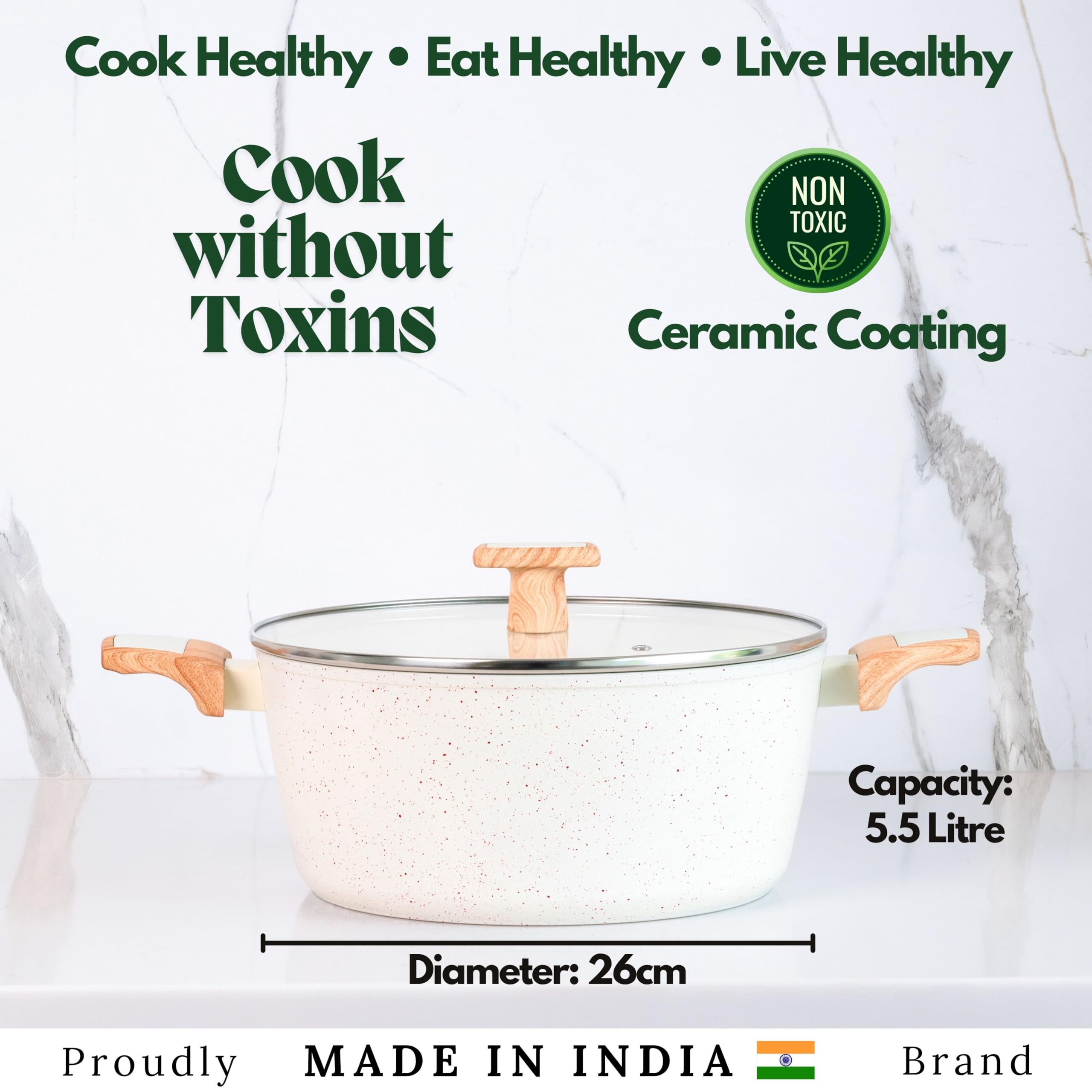 Kreme Ceracook Ceramic Coated Granite Casserole 5.5Ltrs /26cm with Glass Lid, Stew Pot, Biriyani, Rice, ISI Certified, Forged Aluminium, Gas & Induction Use, PFAS & PTFE Free, 1 Yr Warranty, Ivory