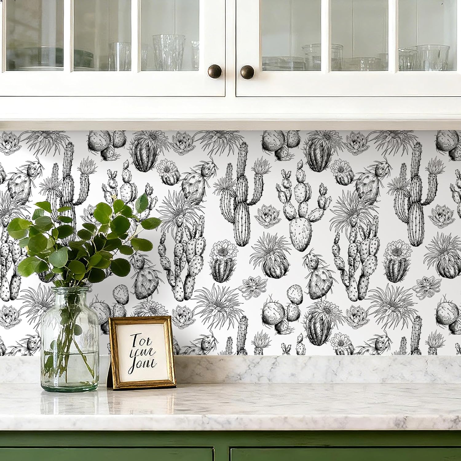 17.5x393 Black and White Western Peel and Stick Wallpaper Cactus Floral Wallpaper Botanical Nature Boho Desert Landscape Vintage Cactus Renter Friendly Western Contact Paper Waterproof