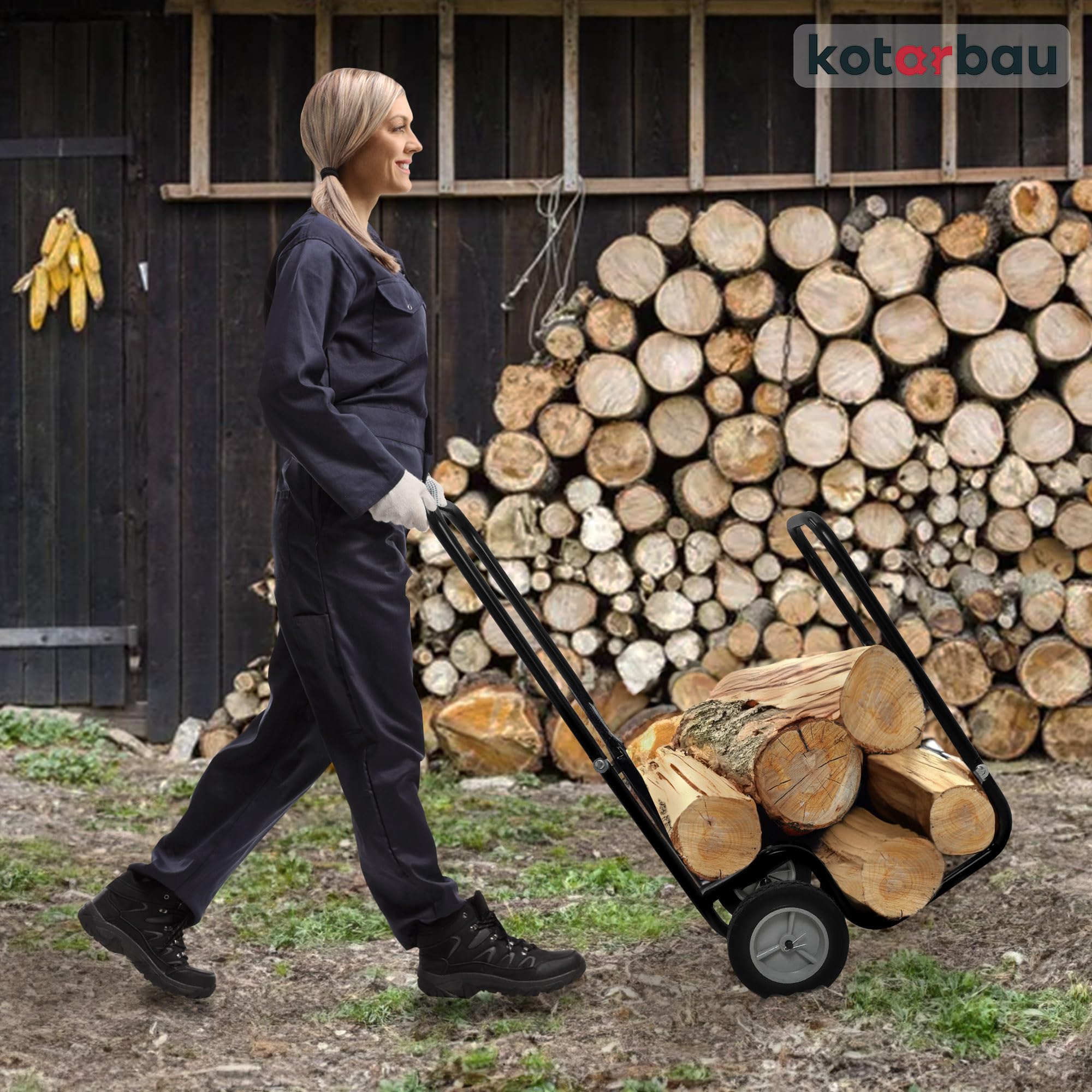 KOTARBAU® Carrello per legna da ardere con ruote, carrello in legno, 102 x 54 x 41 cm, 80 kg, colore nero, verniciato a polvere, per legna da ardere e legna da ardere