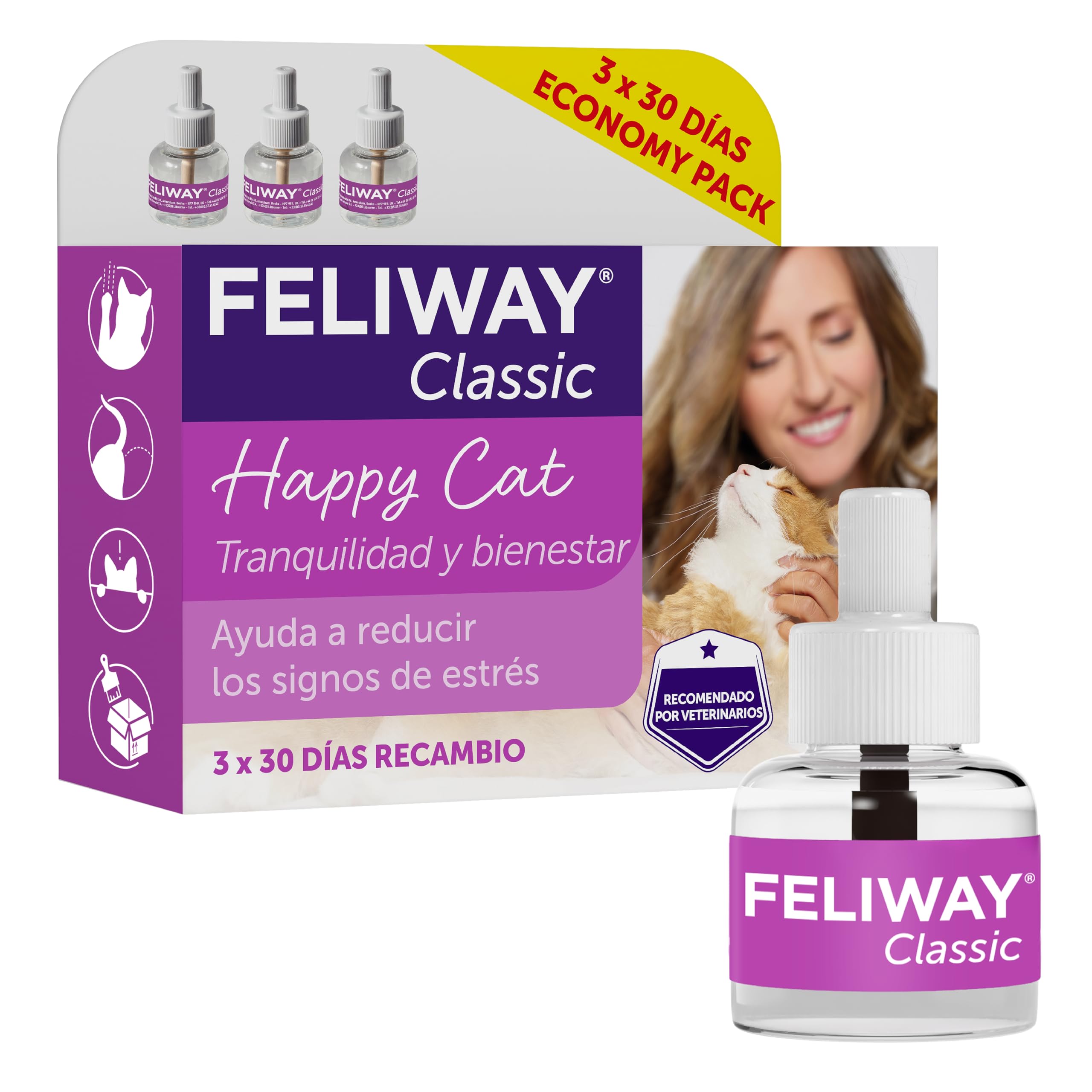 FELIWAY Classic - Pack Ahorro 3 recambios para 90 días (3x48ml) - Ayuda a reducir los signos más comunes de estrés en gatos y gatitos. Recomendado por veterinarios. Tranquilidad y bienestar.