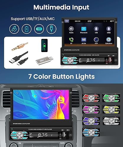 Miniatura 5 de Rimoody - Radio estéreo para automóvil con pantalla táctil DIN individual con Bluetooth, pantalla abatible eléctrica de 7 pulgadas, enlace de