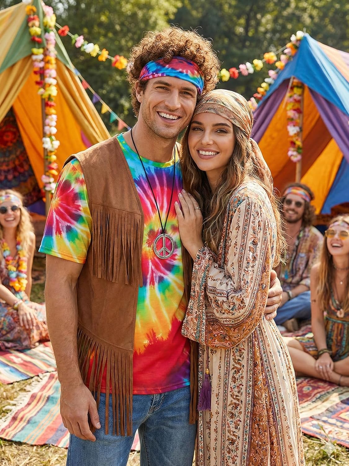 70s Outfits for Men 7pcs Hippie Costume for Men Tie Dye T-shirt Fringe Vest Peace Necklace Wig Sunglasses Headband - Image 4