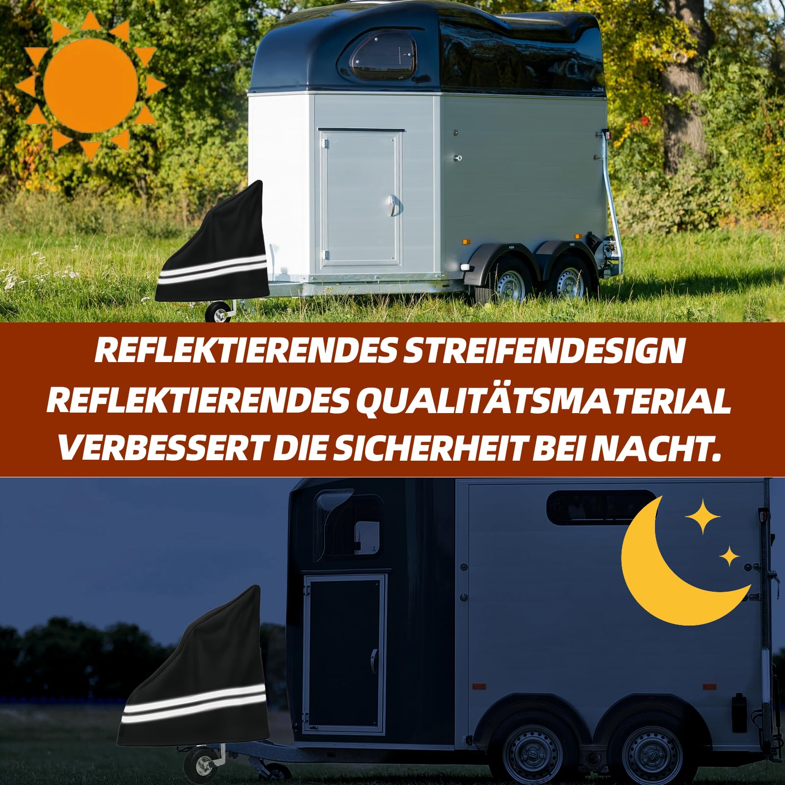 Deichselabdeckung Pferdeanhänger Universal Deichselhaube | 600D Oxford-Gewebe, PVC-beschichtet, 4-Jahreszeiten-Schutz, Reflektorstreifen, Klickverschluss, für Pferde- & Wohnwagen.