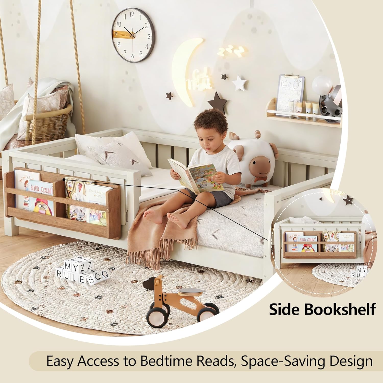Bellemave Twin Size Kids Montessori Floor Bed Frame with Bookshelf and Guardrail,Solid Wood Floor Bed Frame with Slats for Girls Boys,Low-Profile,Beige