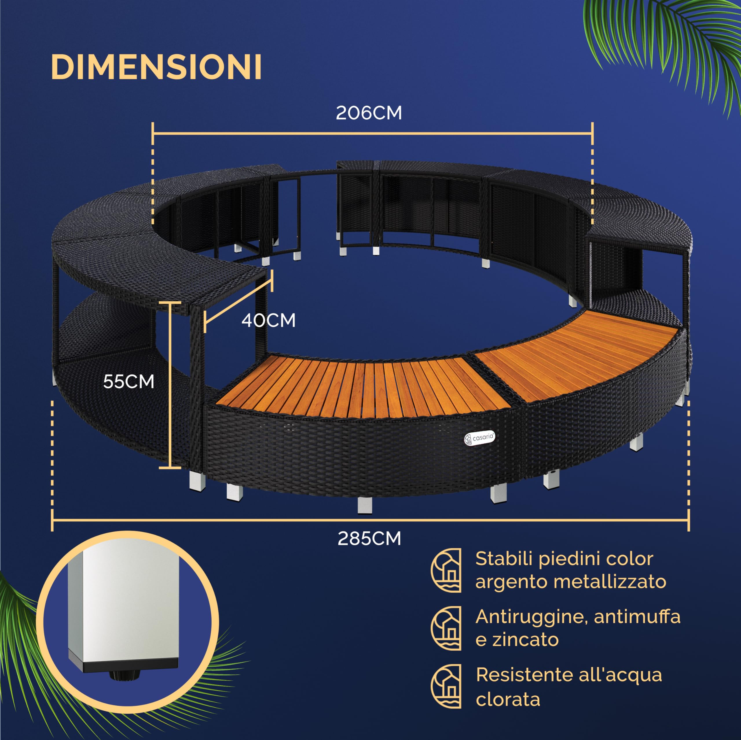 Casaria Cornice Vasca Idromassaggio Polyrattan Ø206cm Nero | Legno Eucalipto Certificato FSC, Whirpool, Bordo Piscina, Resistente ai Raggi UV, Telaio Zincato