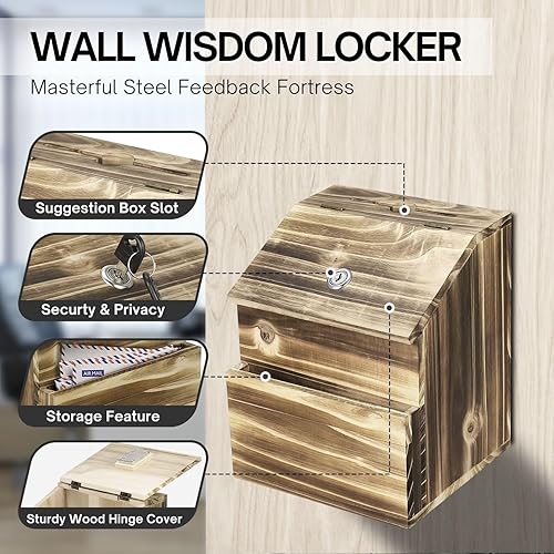 Miniatura 4 de Flexzion Caja de sugerencias de madera con cerradura de llave, montada en la pared o de pie con cerradura de boleta de oración con cerradura