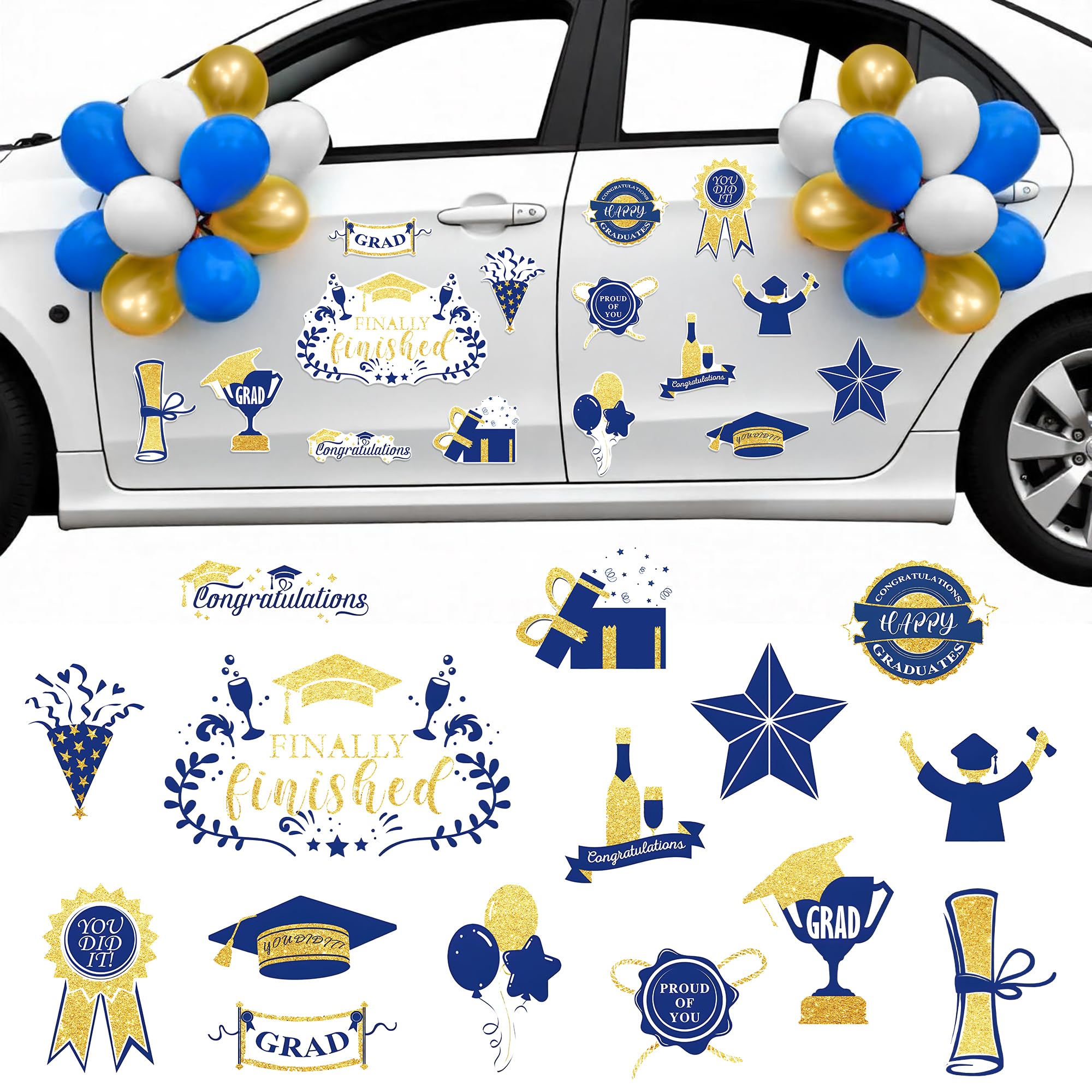 KatchOn, Blue and Gold Graduation Car Magnets with Balloons - Pack of 45 | Car Graduation Decorations Class of 2026 | Car Magnet Decorations for