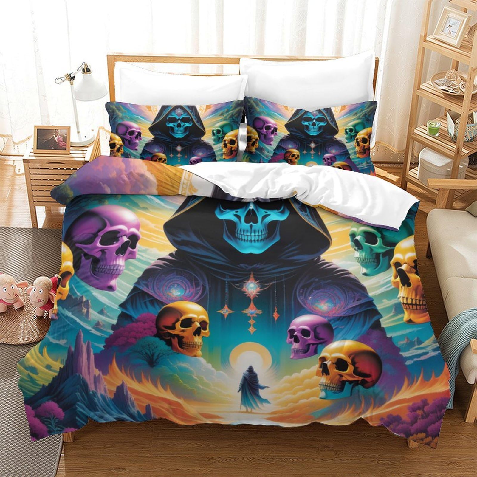 Parure de lit zippée 260x220 contre les couettes qui glissent, microfibre douce tête de mort