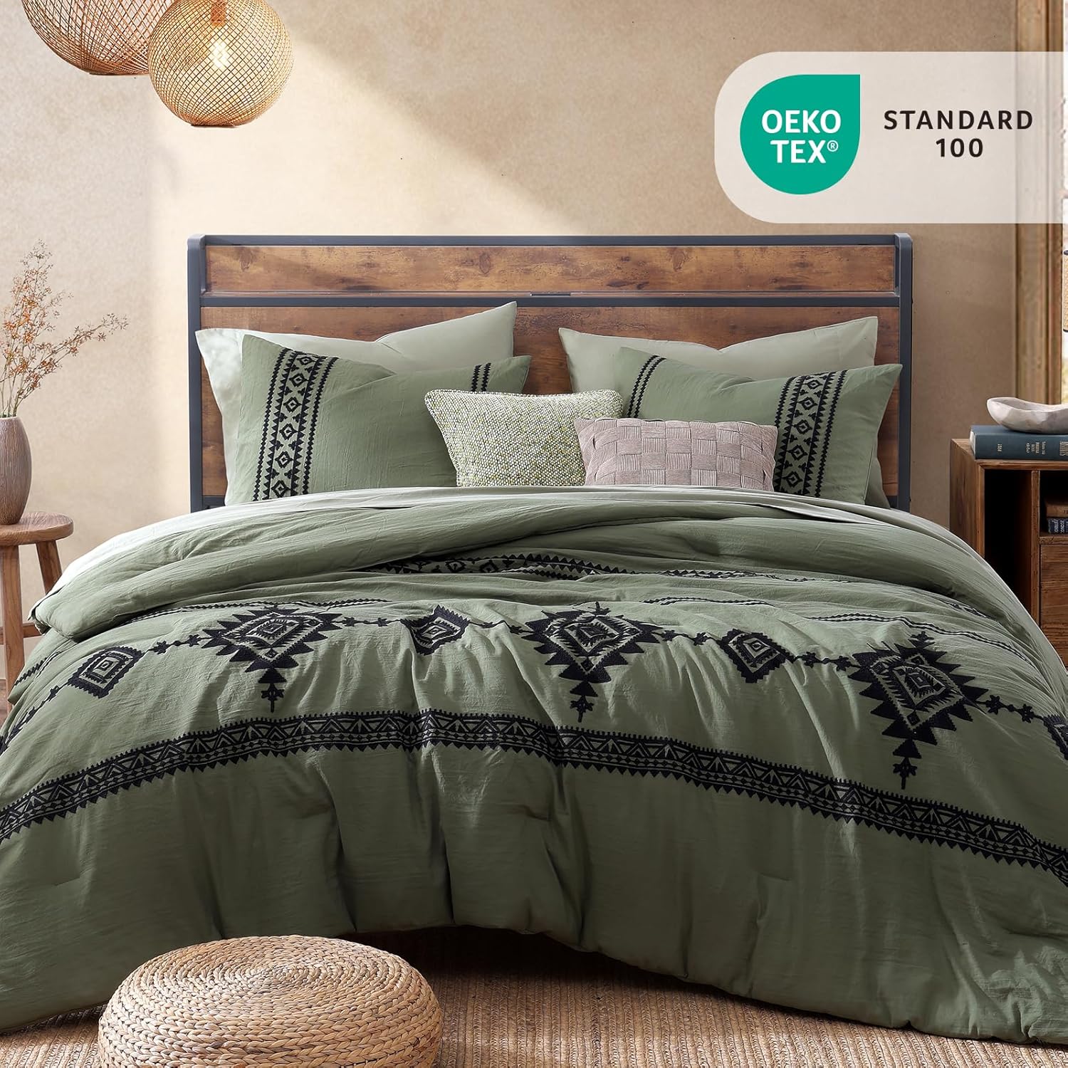 MaiRêve Embroidery Comforter Set, Boho Farmhouse Western Bedding Set, All Season Bed in A Bag Comforter Set with Sheets, Pillowcases & Shams, Olive Green King 7 Pieces - Image 2