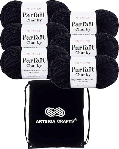 Premier Yarns Parfait Chunky Black 1150-10 (6 madejas, el mismo lote de tinte) Peso S voluminoso #6 hilo de poliéster para ganchillo y tejer,