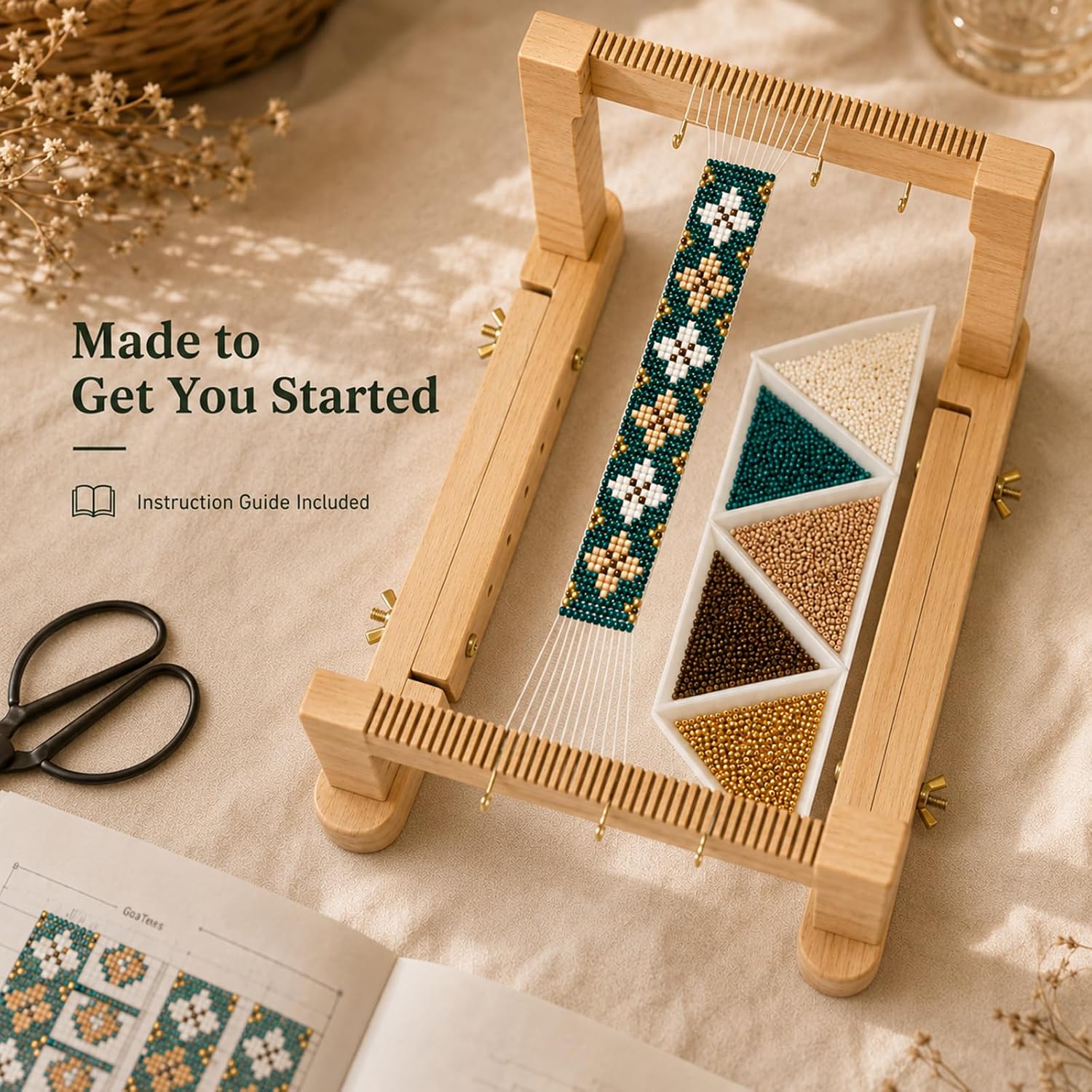TMEGMIC Adjustable Wood Bead Loom Kit - Professional Wooden Weaving Frame for Jewelry Making - Sturdy Tool for Beginners, Seed Beads, Bracelets & DIY Crafts (Natural Wood-Vintage Green Bracelet)