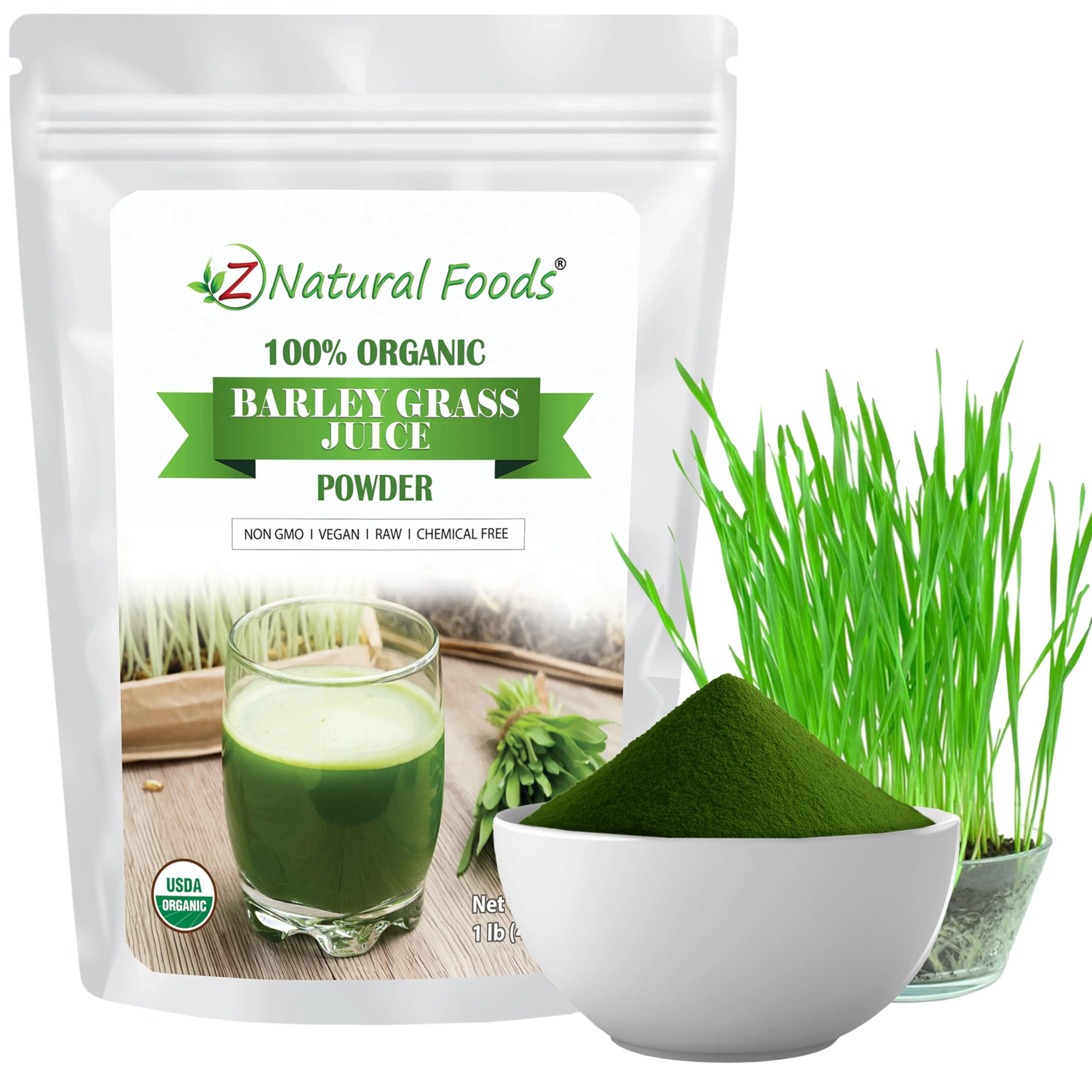 Z Natural Foods Organic Barley Grass Juice Powder - Made in USA, USDA Organic Nutrient-Dense Green Drink Mix for Energy, Detox with Amino Acids - Antioxidant Juice Blend for Water, Smoothies, 1 lb