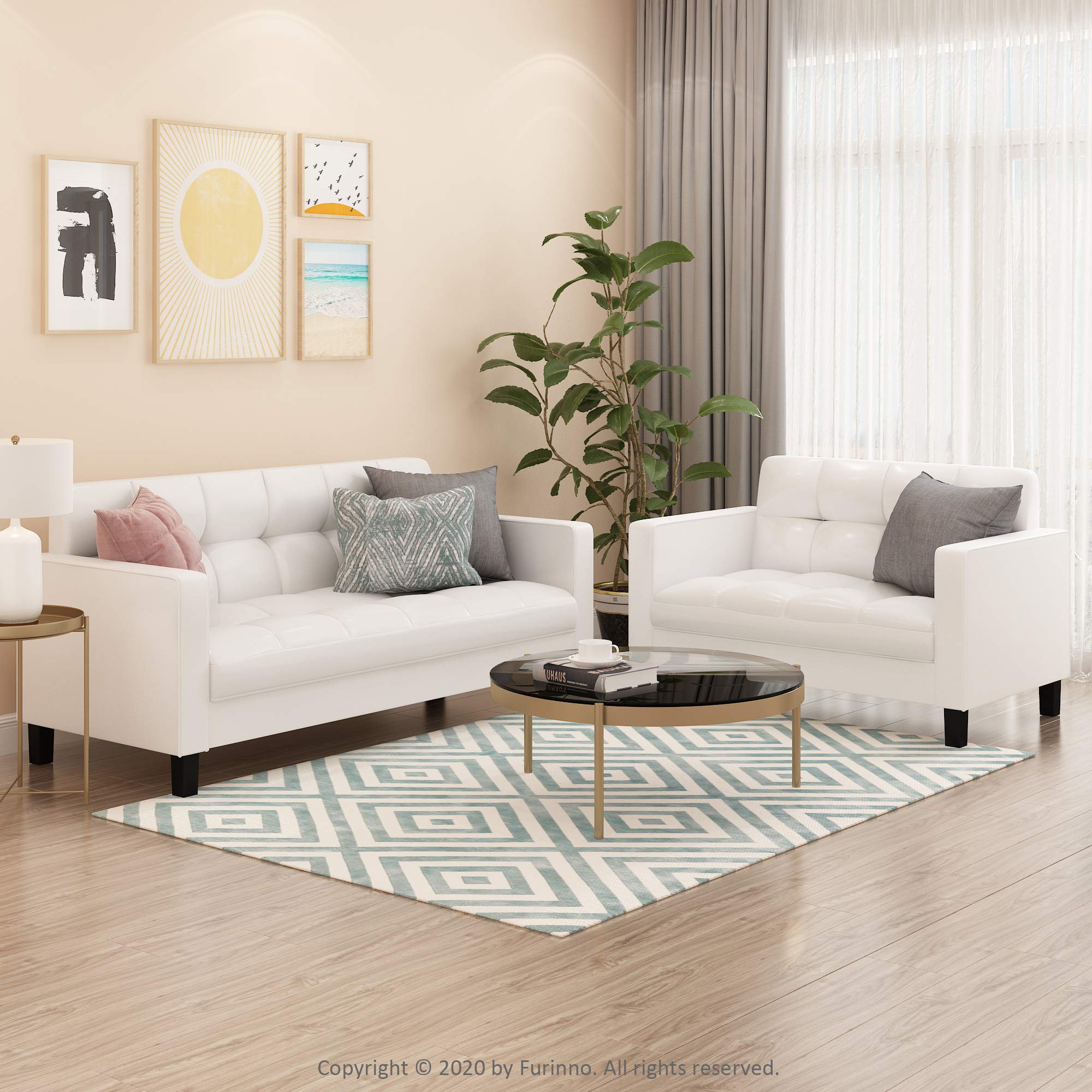 Furinno Brive Contemporary Tufted Faux Leather 3-Seater Sofa Couch for Living Room, White Faux Leather